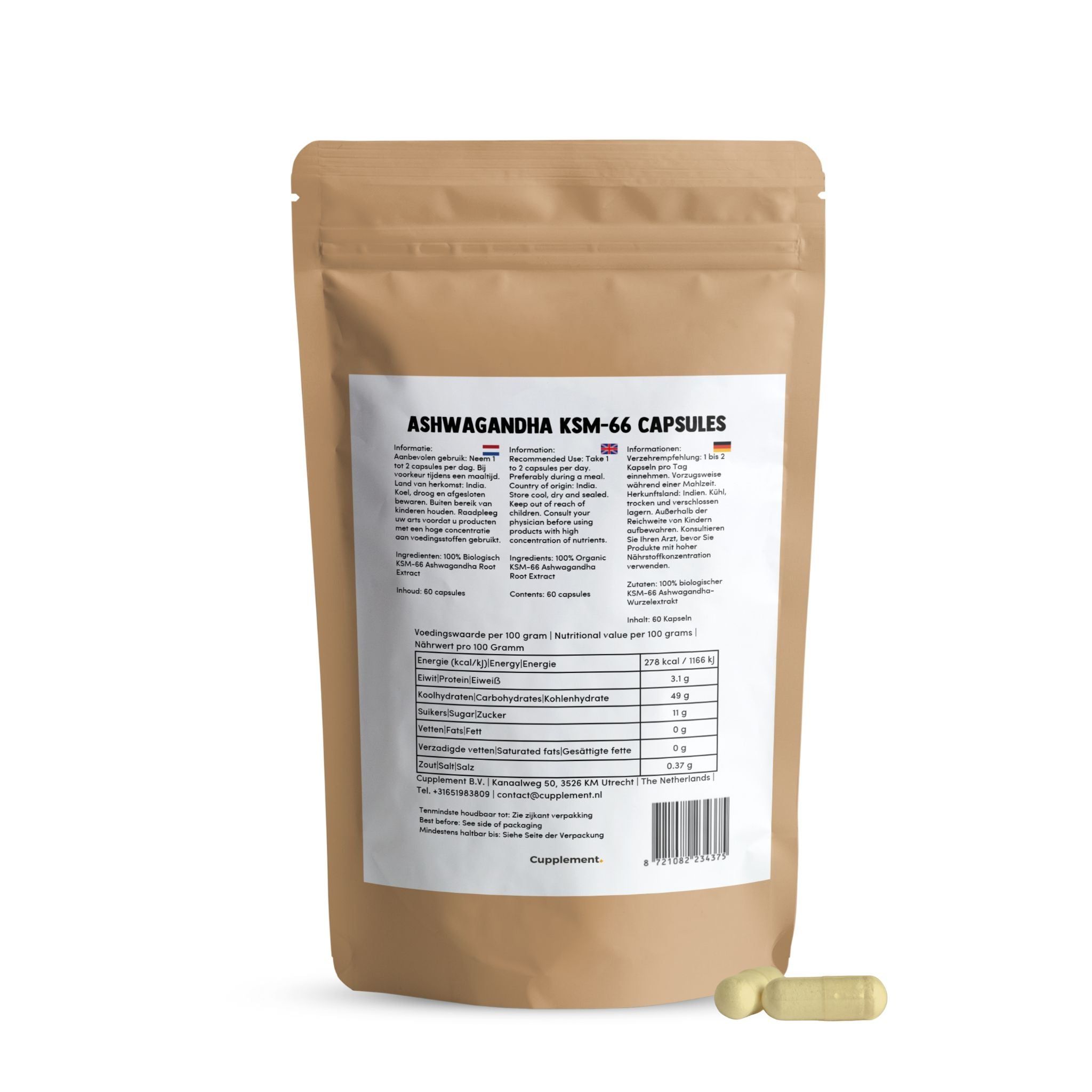 Beige capsules naast bruine zakverpakking. Opschrift: Ashwagandha KSM-66 Capsules. Bevat 60 capsules.