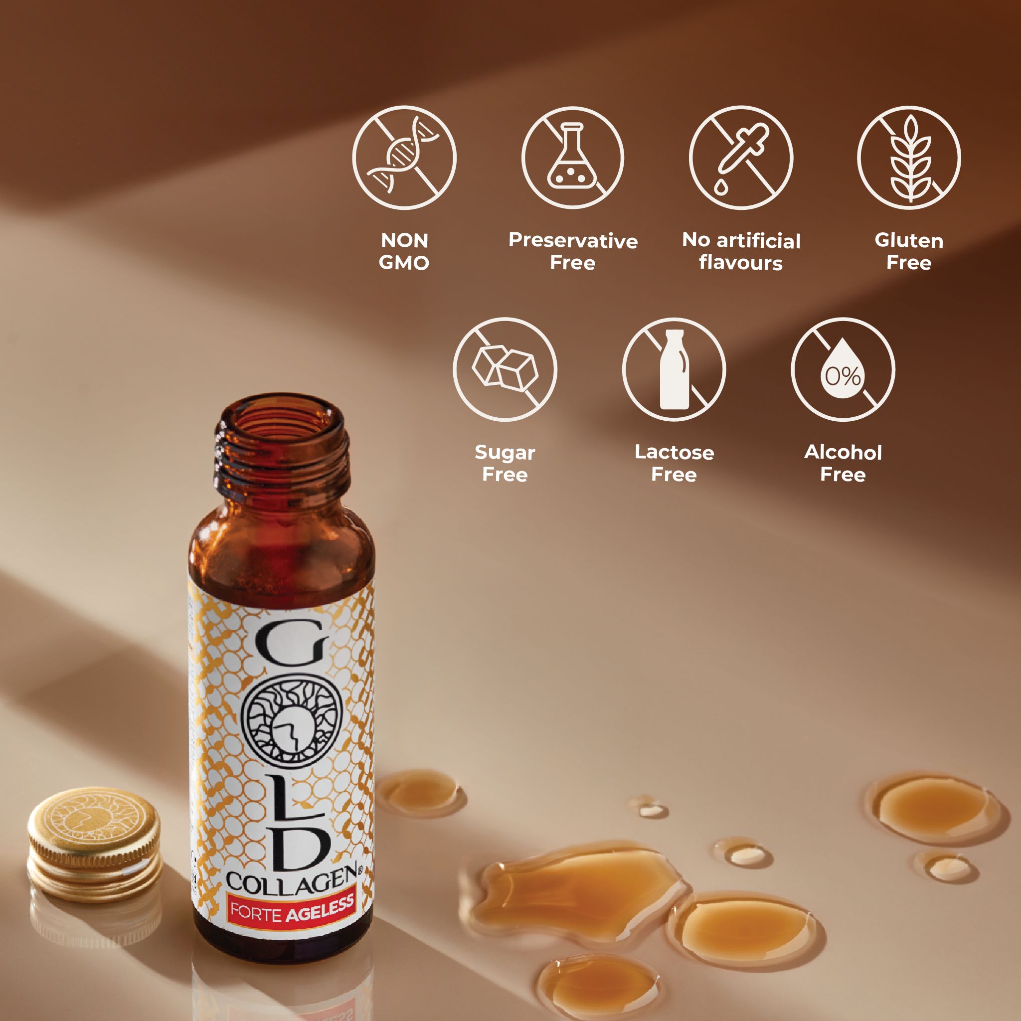 Gold Collagen Forte Ageless fles met iconen voor non-GMO, conserveermiddelvrij, geen kunstmatige smaakstoffen, glutenvrij, suikervrij, lactosevrij, alcoholvrij.