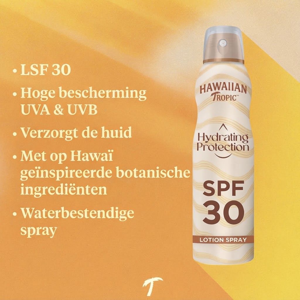 Hawaiian Tropic Lotion Spray SPF 30. Hoge UVA/UVB-bescherming, waterbestendige spray.