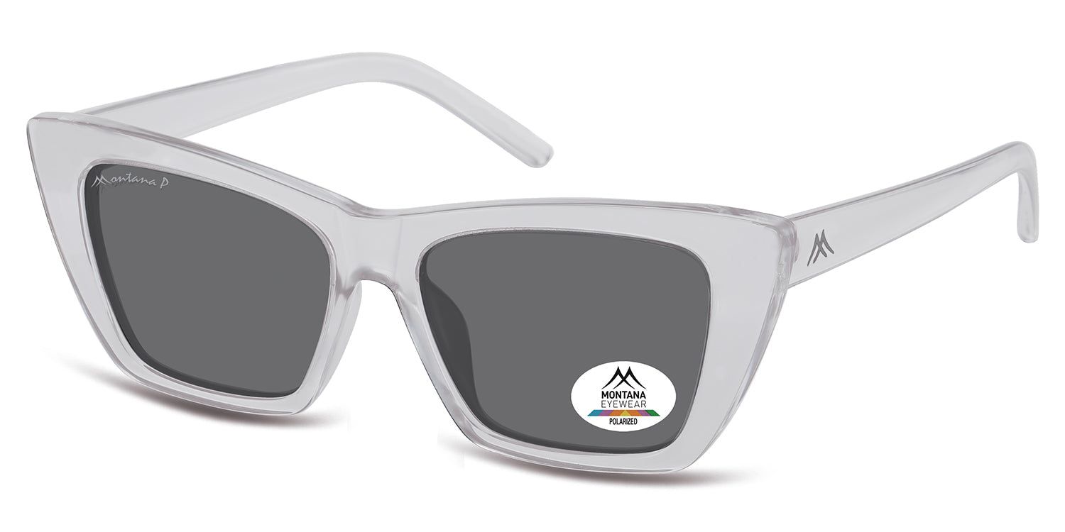 Lunettes de soleil grises, vue latérale. Forme angulaire. Logo Montana Eyewear sur le verre. Verres polarisés. Branches noires.
