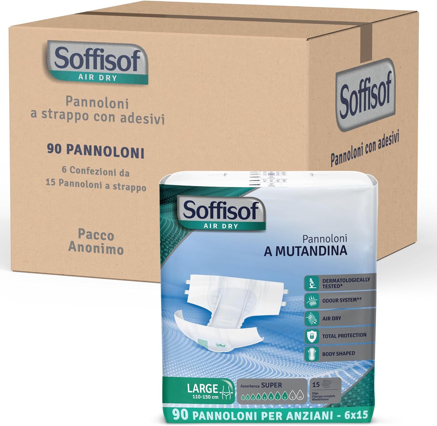 Soffisof Air Dry luiers, verpakking en doos. 90 stuks. Maat L, 110-150 cm. Dermatologisch getest. Geursysteem. Air Dry. Totale bescherming. Vorm lichaam.
