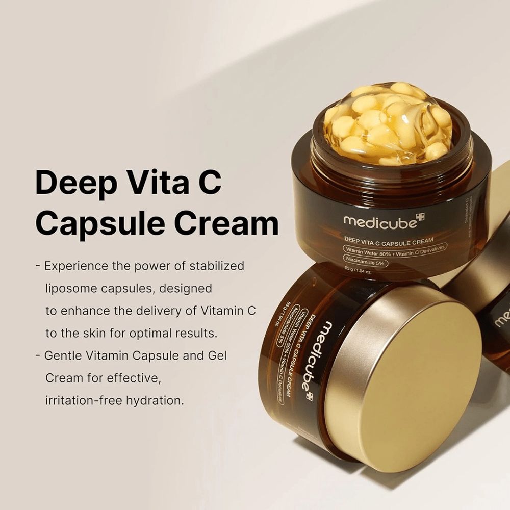 Product met open deksel, gele capsules. Opschrift: medicube, Deep Vita C Capsule Cream. Tekst.