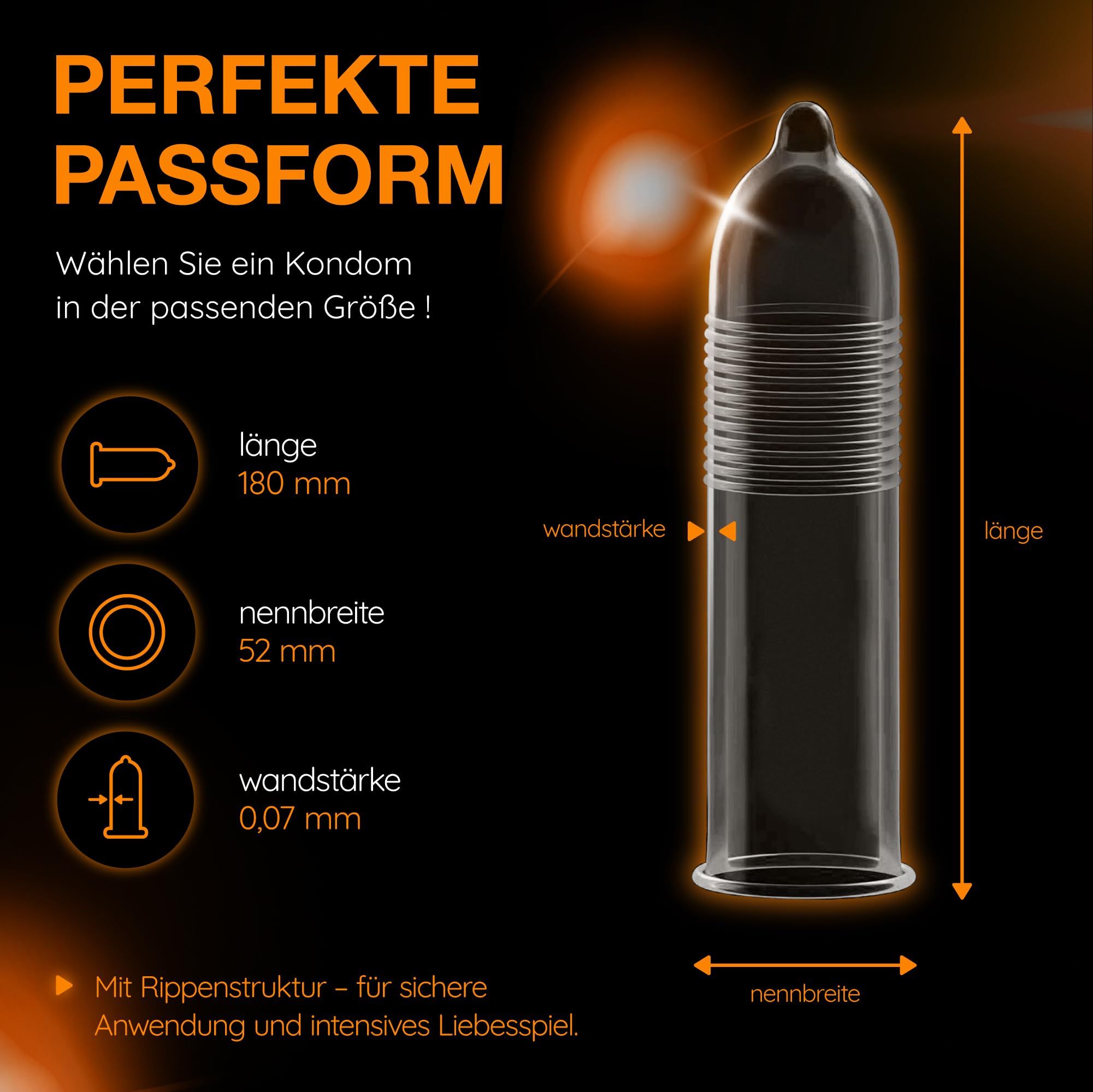 Préservatif Vitalis : Longueur 180 mm, largeur nominale 52 mm, épaisseur 0,07 mm, avec structure nervurée.