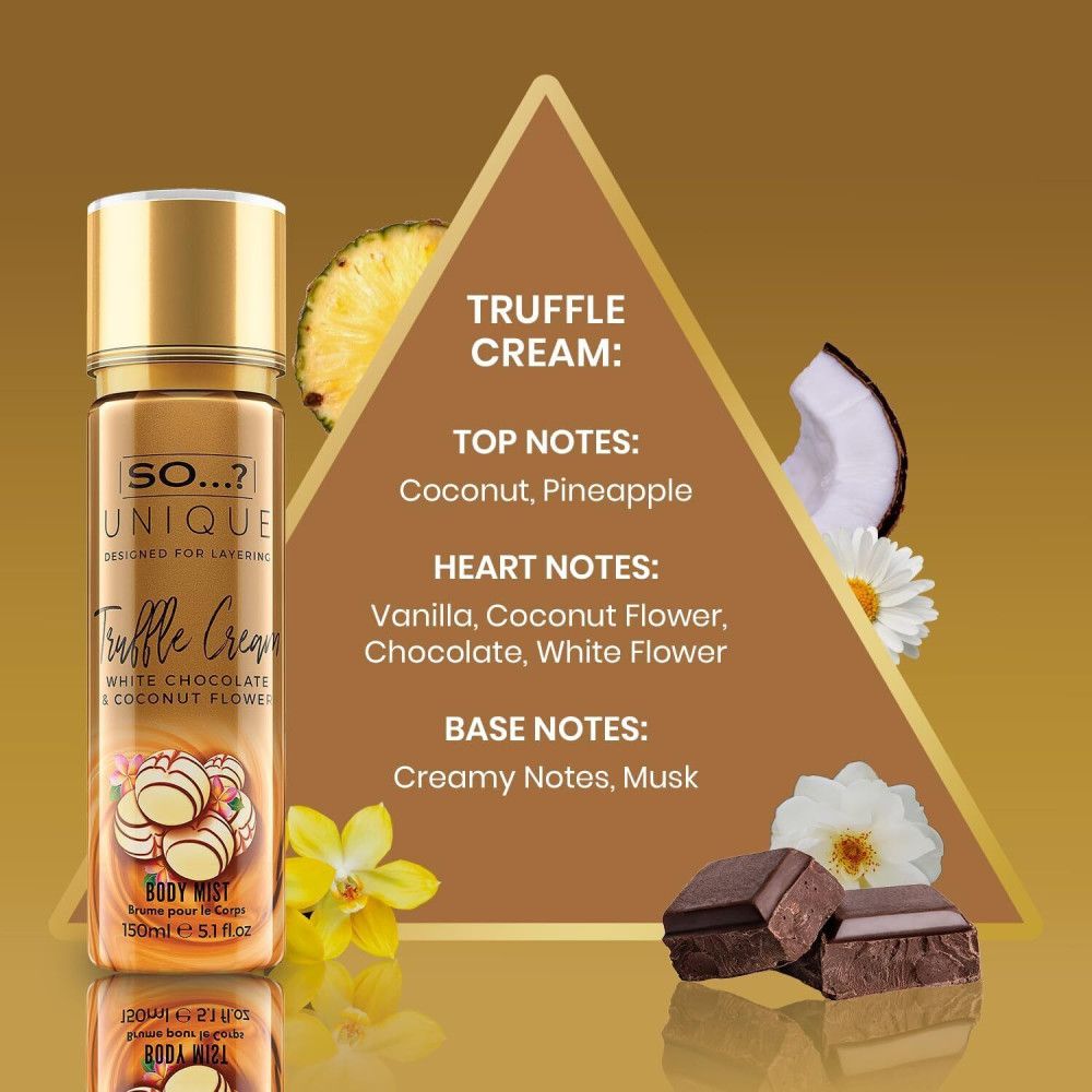 Vaporisateur corporel doré. Texte: So...? Unique, Trüffelcreme, White Chocolate & Coconut Flower. Liste des ingrédients.