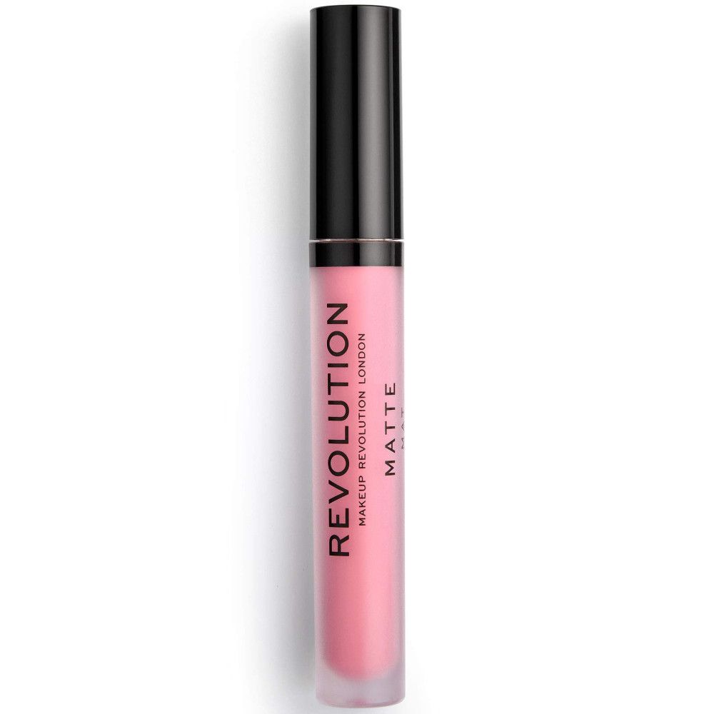 Tube de gloss mat rose avec bouchon noir. Inscription : REVOLUTION, MATTE.