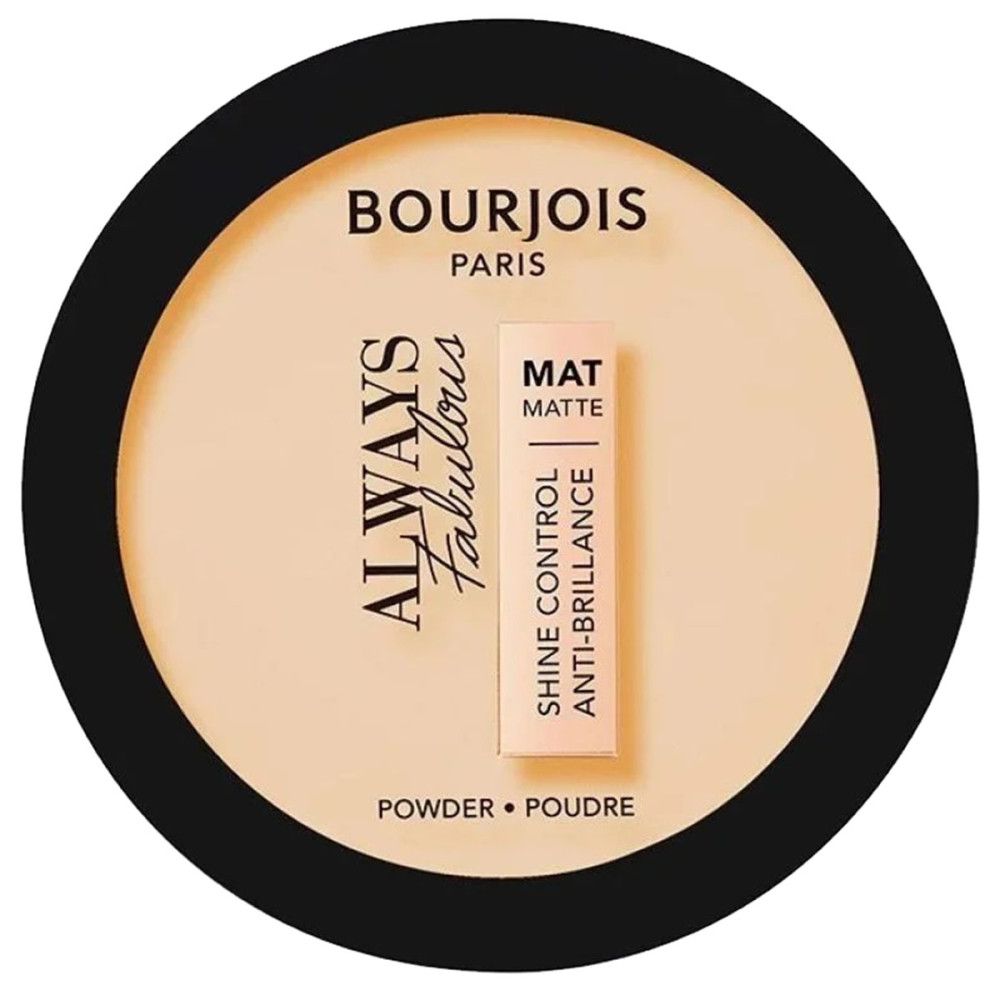 Compact poeder met zwarte rand. Opschrift Bourjois Paris. Tekst Always Fabulous.