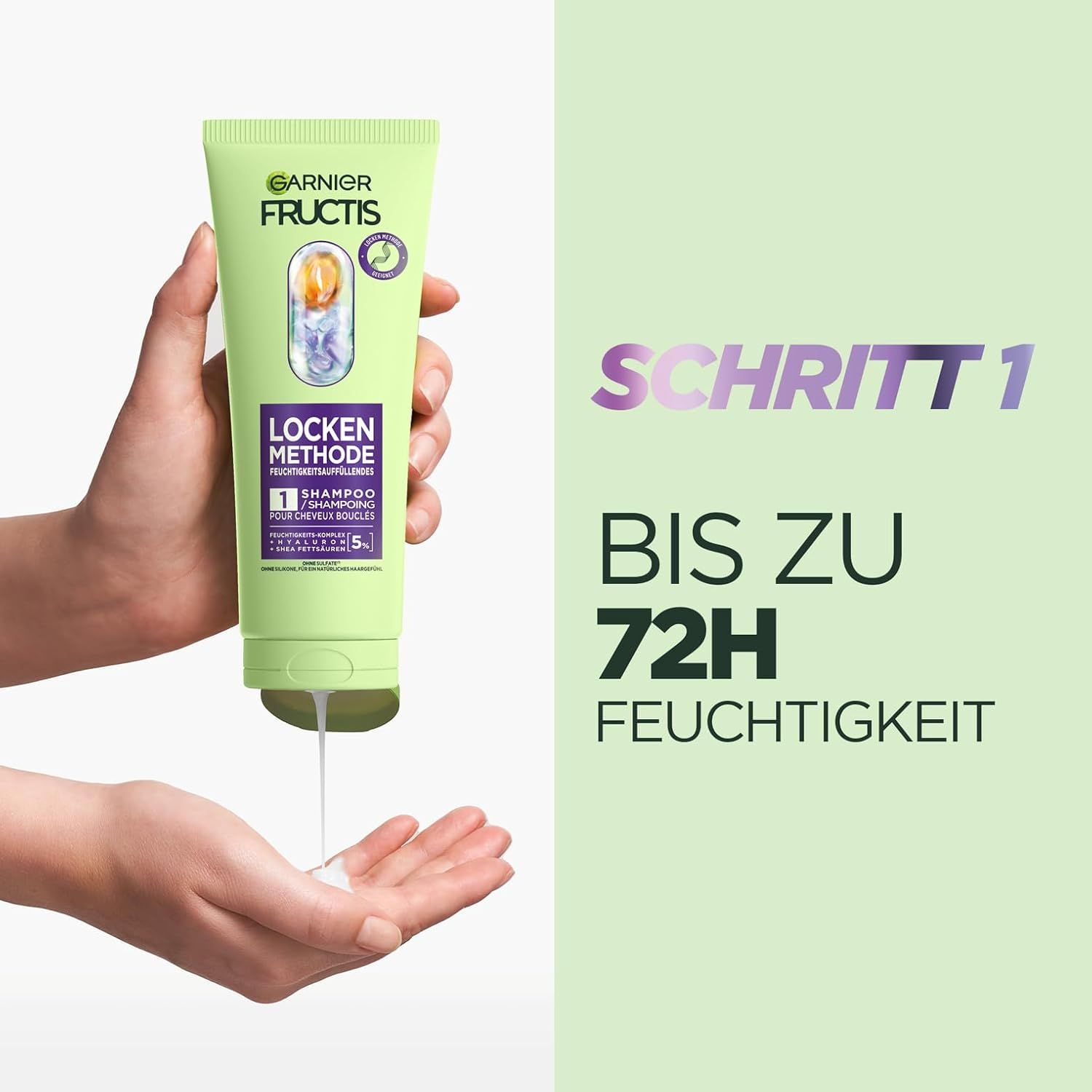 Main tenant un tube vert de shampooing Garnier Fructis Locken Methode. Le produit est versé dans la paume. Texte: Étape 1, jusqu'à 72h d'hydratation.