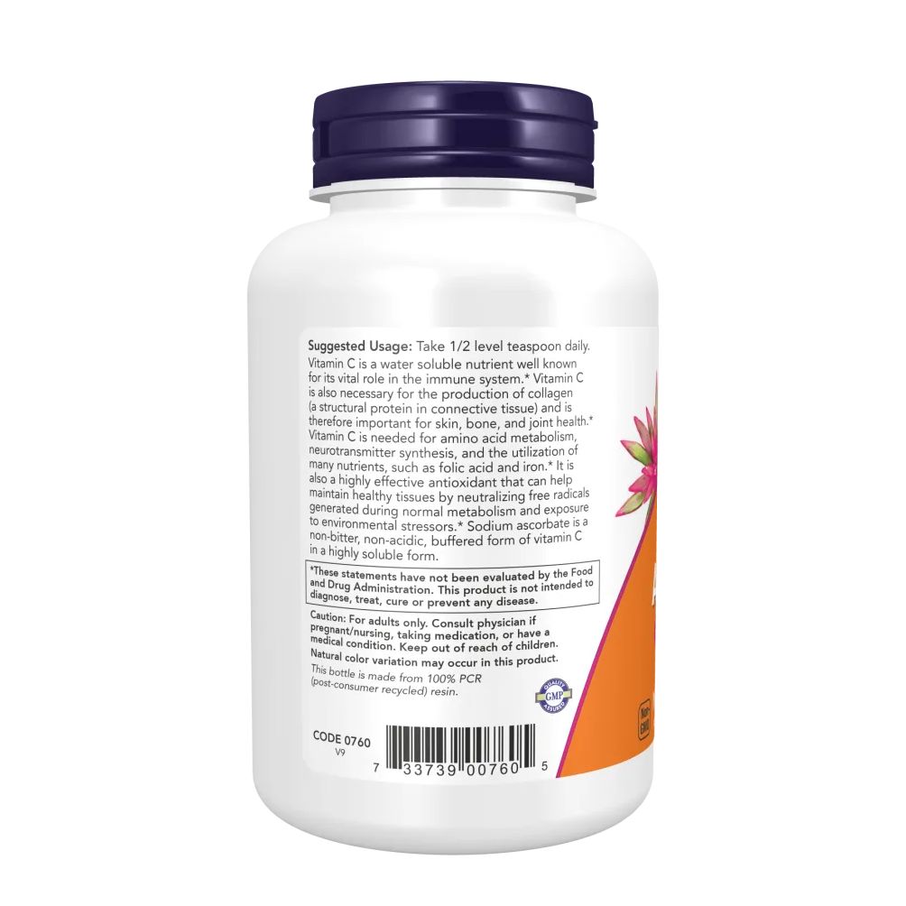 Bouteille blanche avec bouchon violet, étiquette avec informations sur la vitamine C et code-barres.