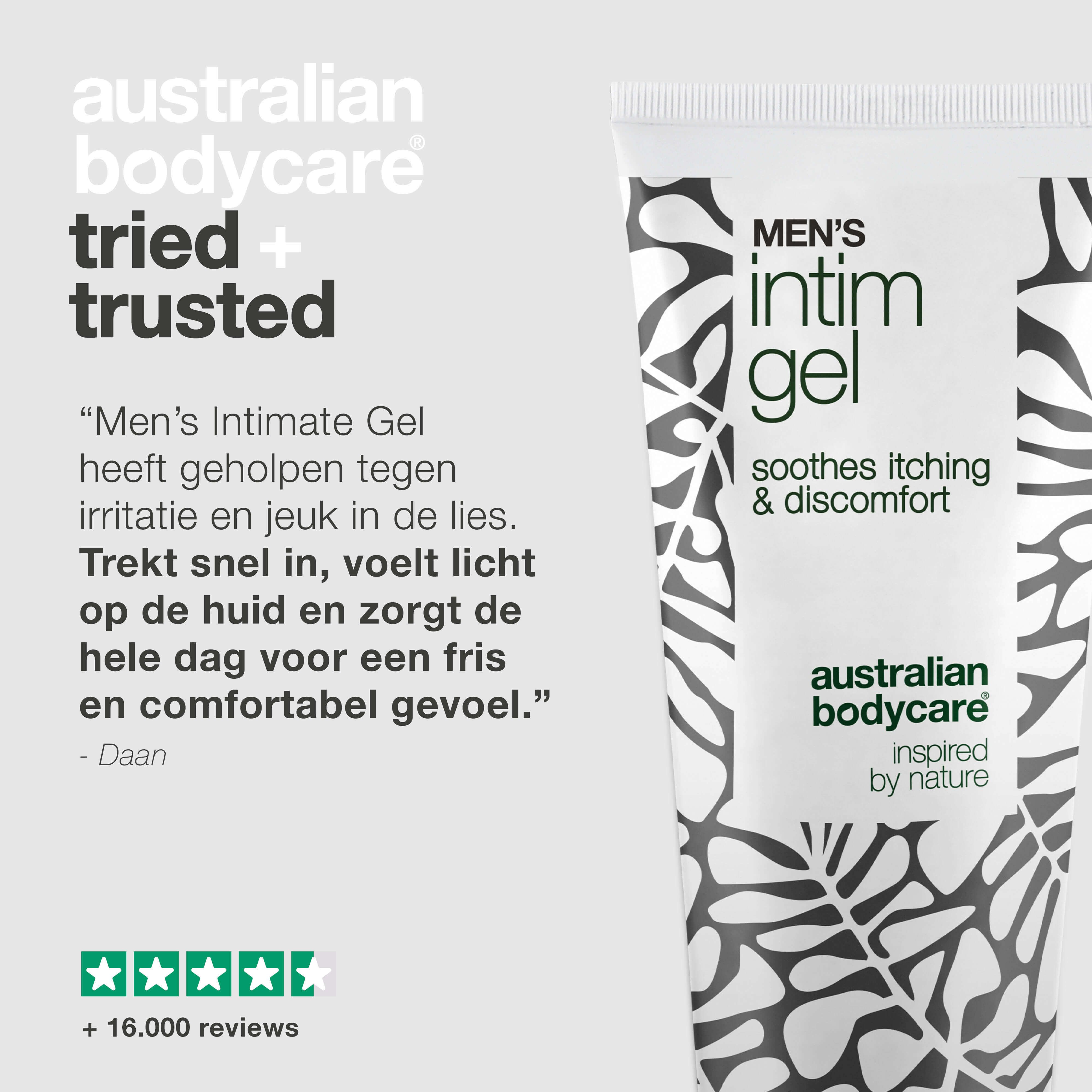 Tube intieme gel. Tekst: Men's Intim Gel, verzacht jeuk en ongemak. Citaat: De intieme gel heeft irritatie verlicht.
