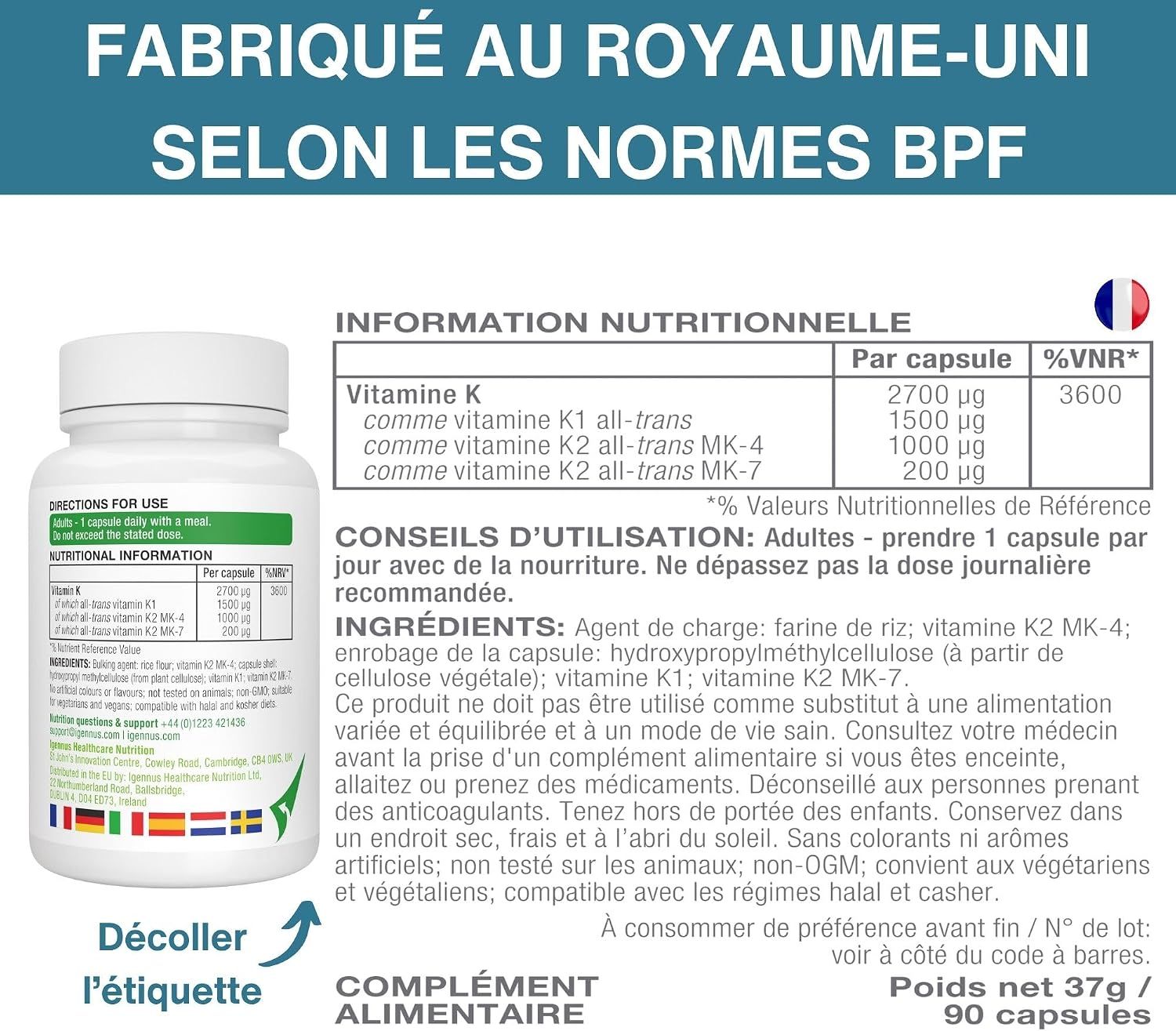 Flacon de capsules blanc avec informations nutritionnelles et détails sur la vitamine K.