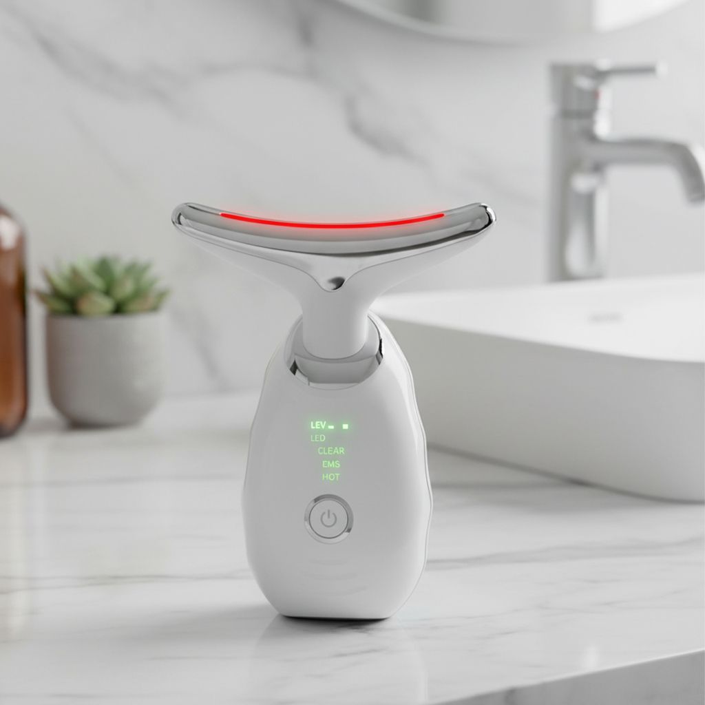 Appareil blanc avec affichage LED et tête incurvée. Placé sur une surface, à côté d'un lavabo et d'une plante.