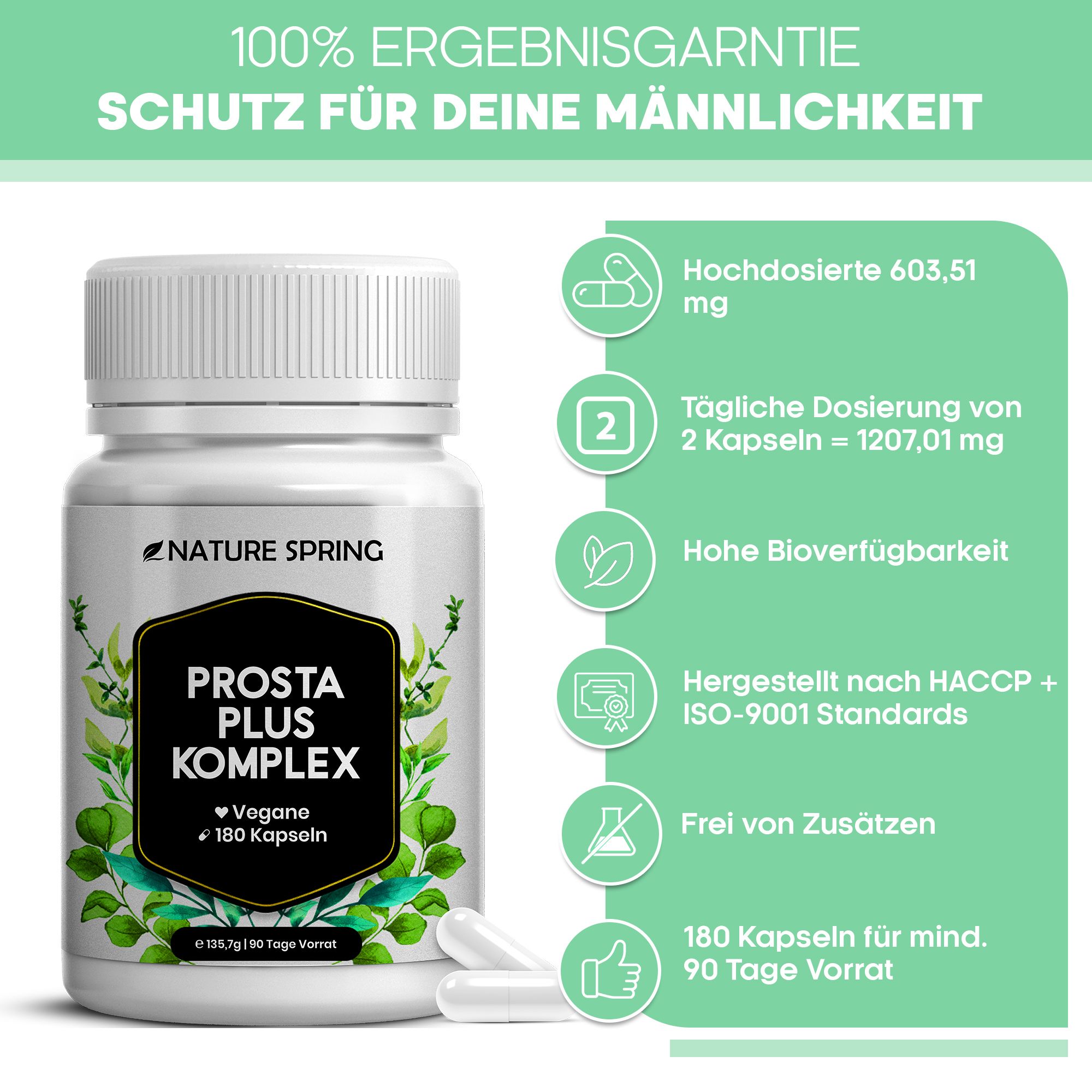 Nature Spring Prosta Plus Komplex: Pot met details over dosering, biologische beschikbaarheid en ingrediënten.
