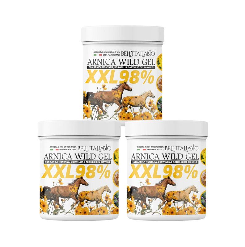 Trois pots blancs avec étiquette. Inscription: Arnica Wild Gel XXL 98%. Illustration de chevaux et de tournesols.