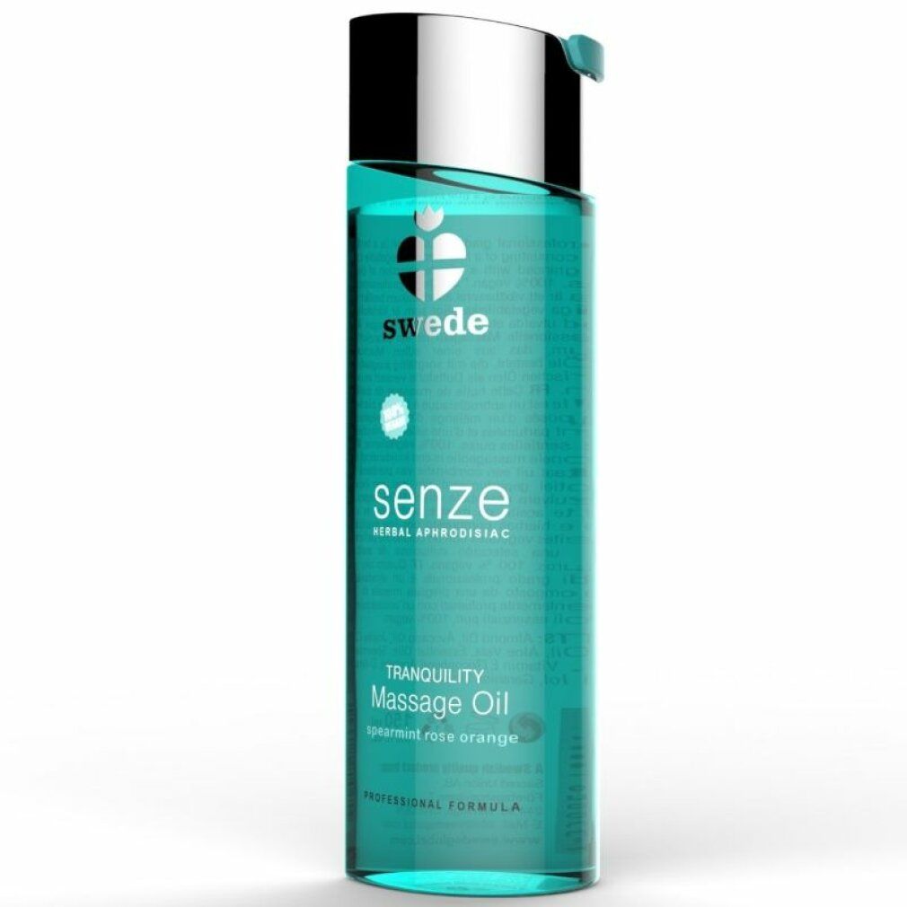 Bouteille d'huile de massage Swede Senze avec bouchon argenté. Liquide turquoise, étiquette avec informations produit.