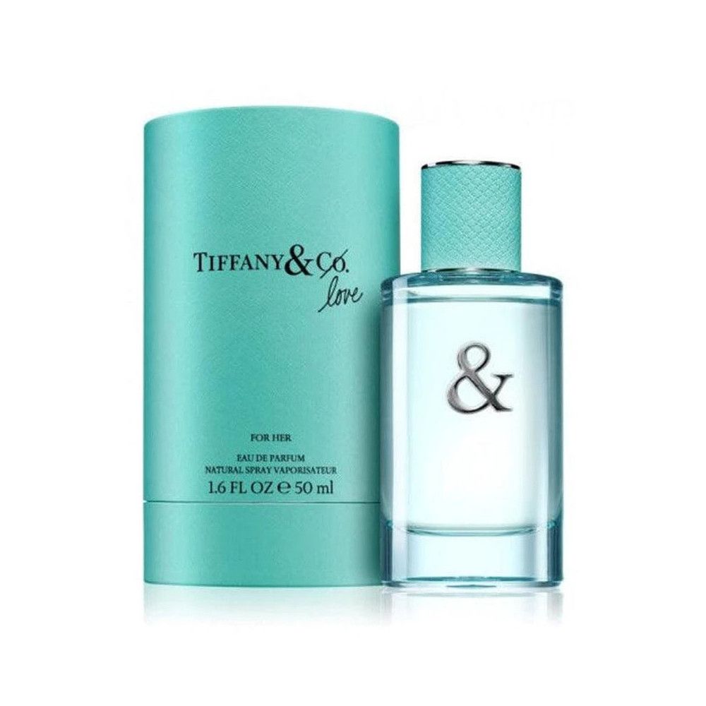 Flacon et emballage turquoise. Flacon avec symbole &. Inscription : Tiffany & Co. Love, For Her, Eau de Parfum.