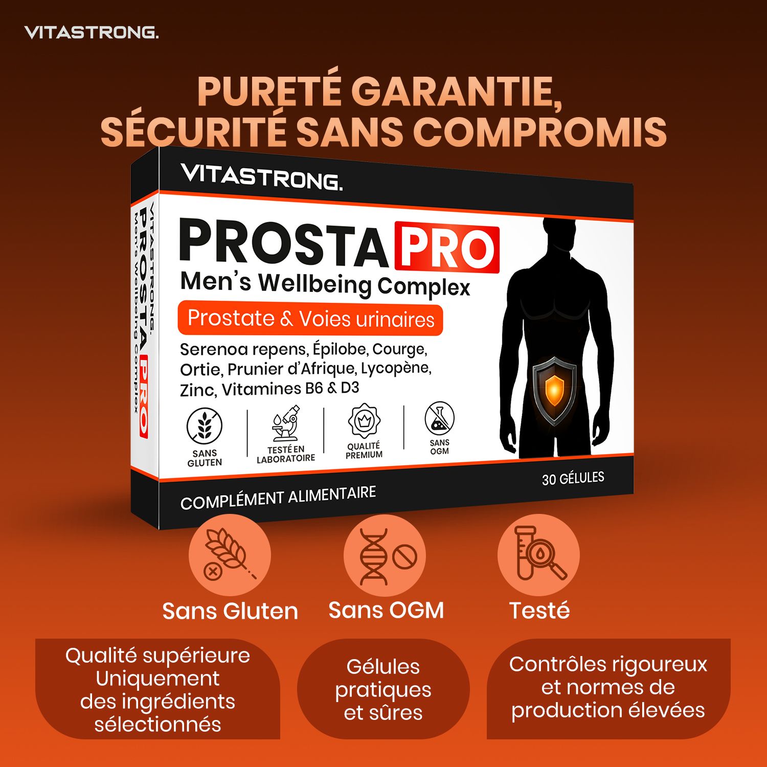 Vitastrong Prosta Pro. Image avec texte. 30 gélules. Sans gluten, sans OGM, testé. Qualité.
