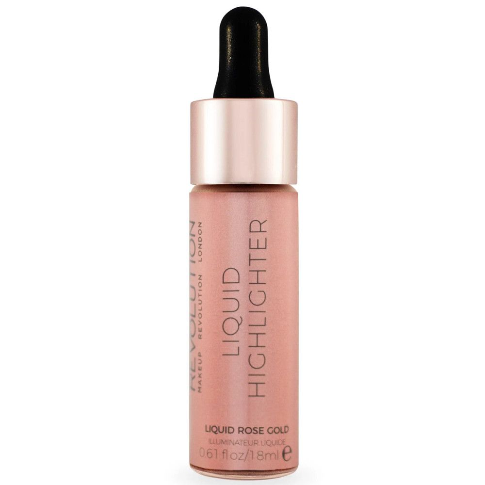 Vloeibare highlighter in glazen fles. Roze-gouden vloeistof. Opschrift: Liquid Highlighter, Liquid Rose Gold, 18ml.