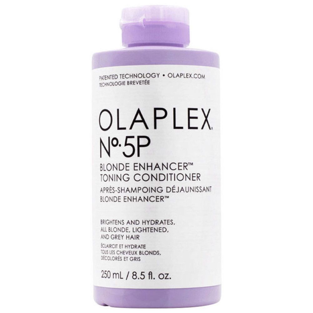 Gros plan du flacon Olaplex Nº.5P Blonde Enhancer Toning Conditioner. Flacon lilas clair.