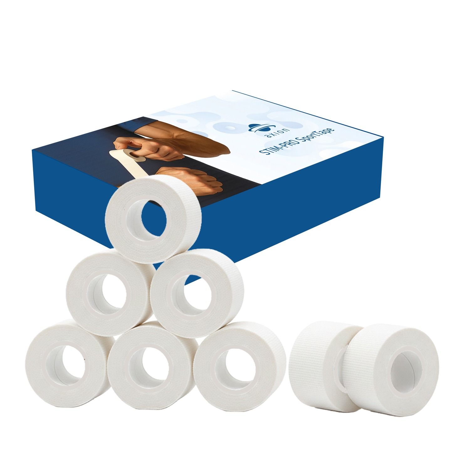Meerdere rollen witte sporttape. Doos met productinformatie op de achtergrond. Opdruk: STEM-PRO SOLUTION.