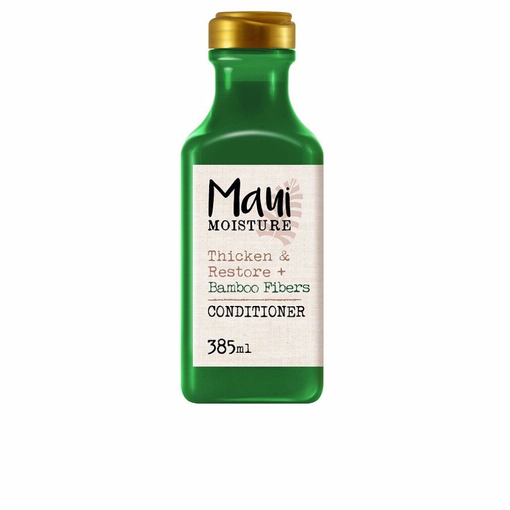 Bouteille verte avec bouchon doré. Inscription: Maui Moisture, Thicken & Restore + Bamboo Fibers Conditioner. 385ml.