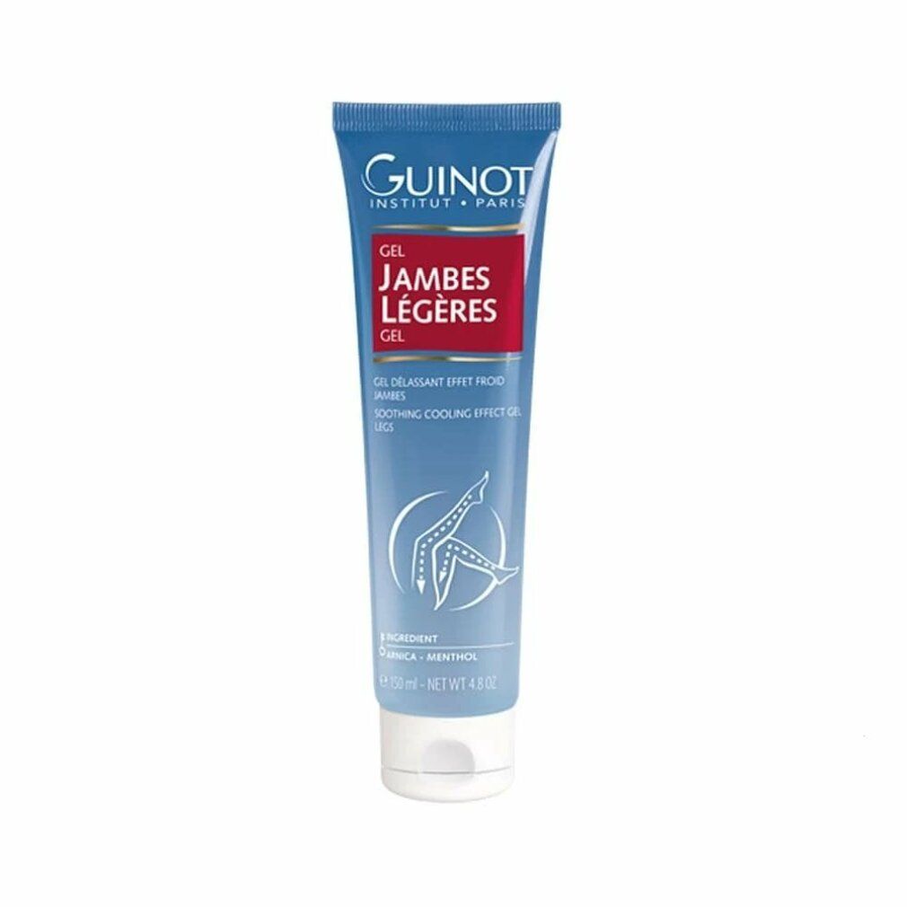 Blauw-witte tube met tekst. Guinot Institut Paris, Gel Jambes Légères. Bevat Arnica en Menthol. 125 ml.
