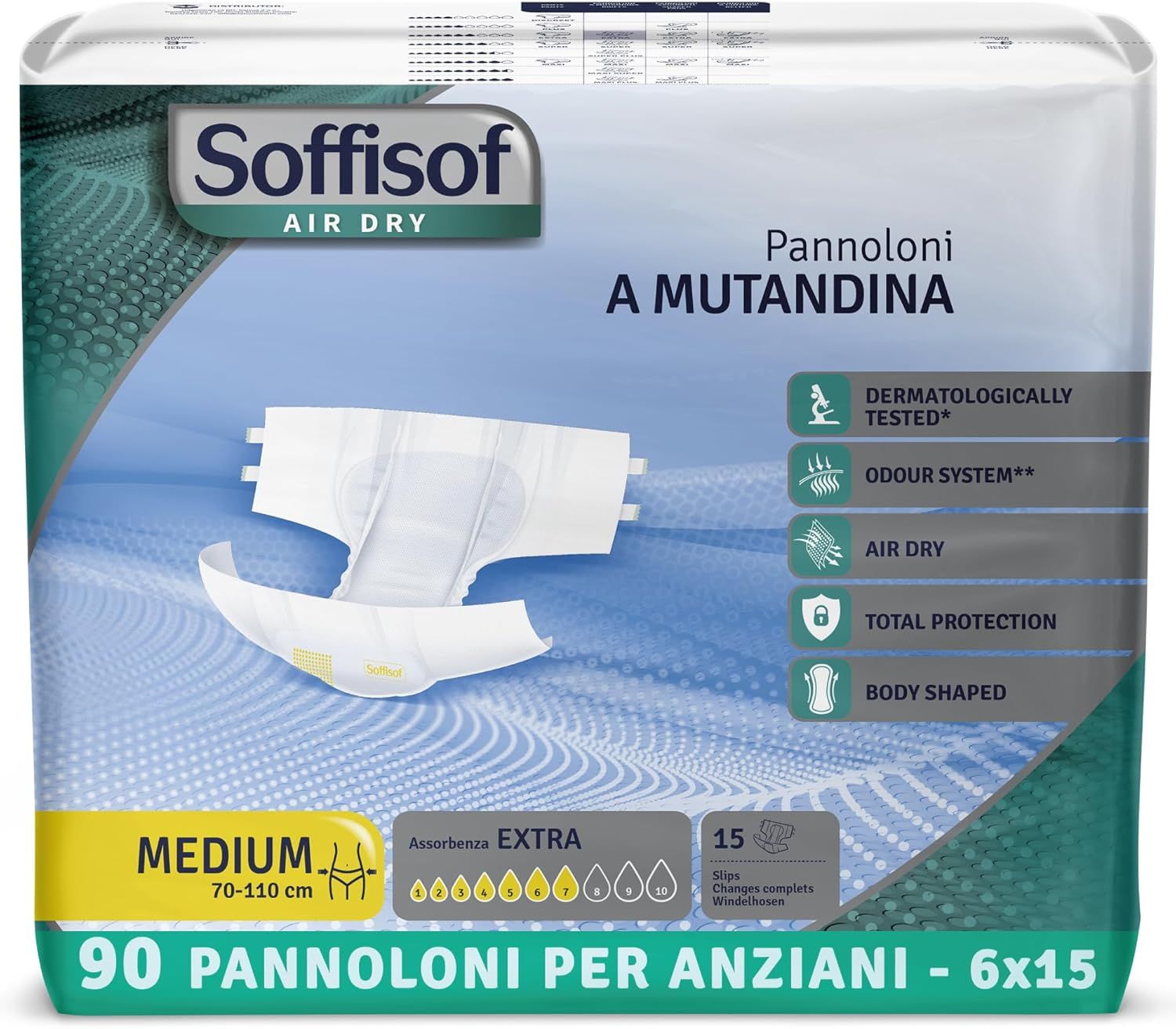 Verpakking Soffisof Air Dry luiers. Maat Medium, 70-110 cm. 90 stuks.