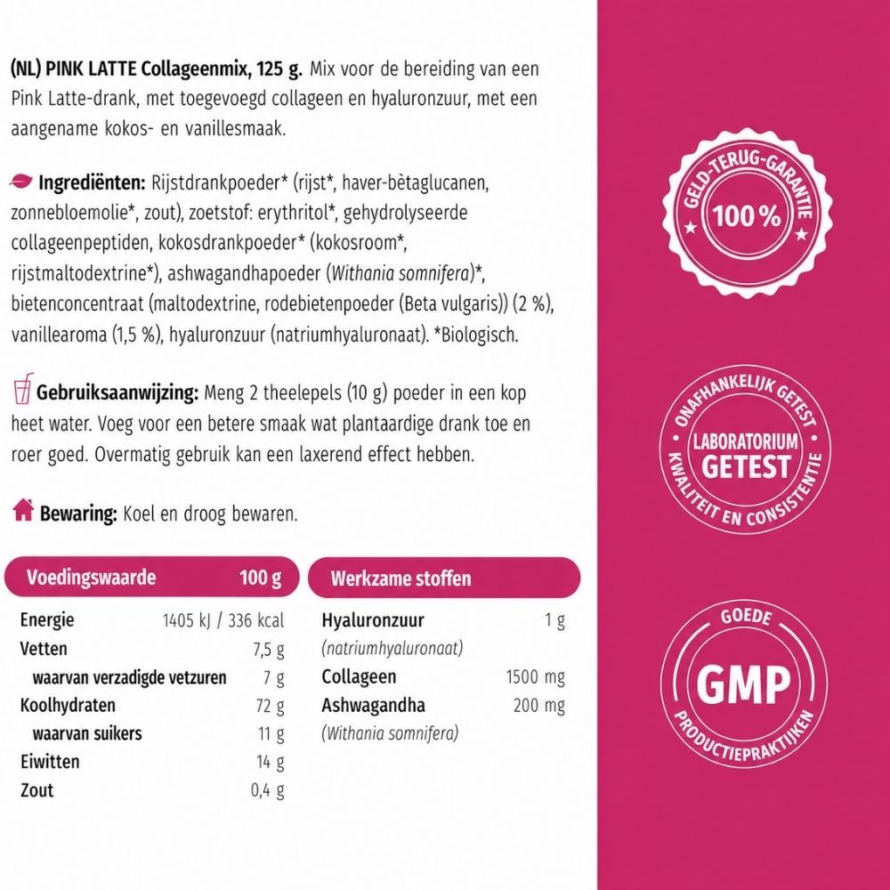 Blik Pink Collagen, glas Pink Latte, lepel met poeder, kokosstukjes.