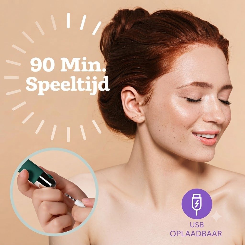 Klein groen en zilver apparaat met USB-oplaadpoort. 90 minuten speeltijd.