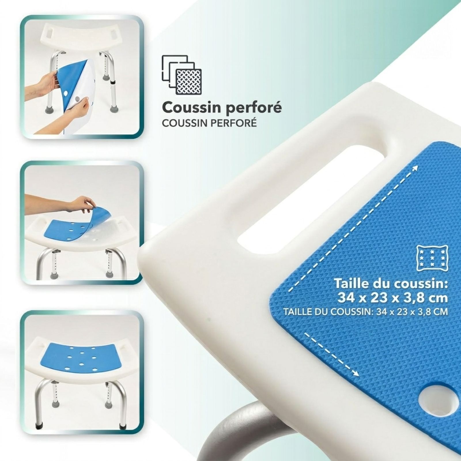 Tabouret de douche avec assise bleue. Coussin perforé. Dimensions du coussin: 34 x 23 x 3,8 cm.