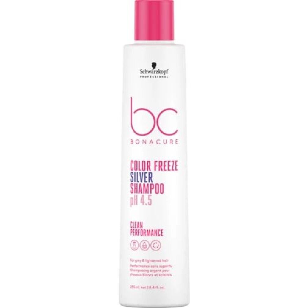 Wit shampoo met roze dop. Opschrift: Schwarzkopf, BC Bonacure Color Freeze Silver Shampoo pH 4.5.