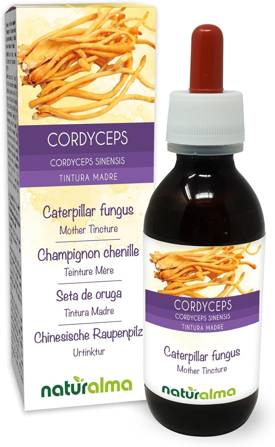 Productfles en verpakking. Cordyceps-extract. Bruine vloeistof. Bruine dop. Naturalma-logo. Meertalige teksten.