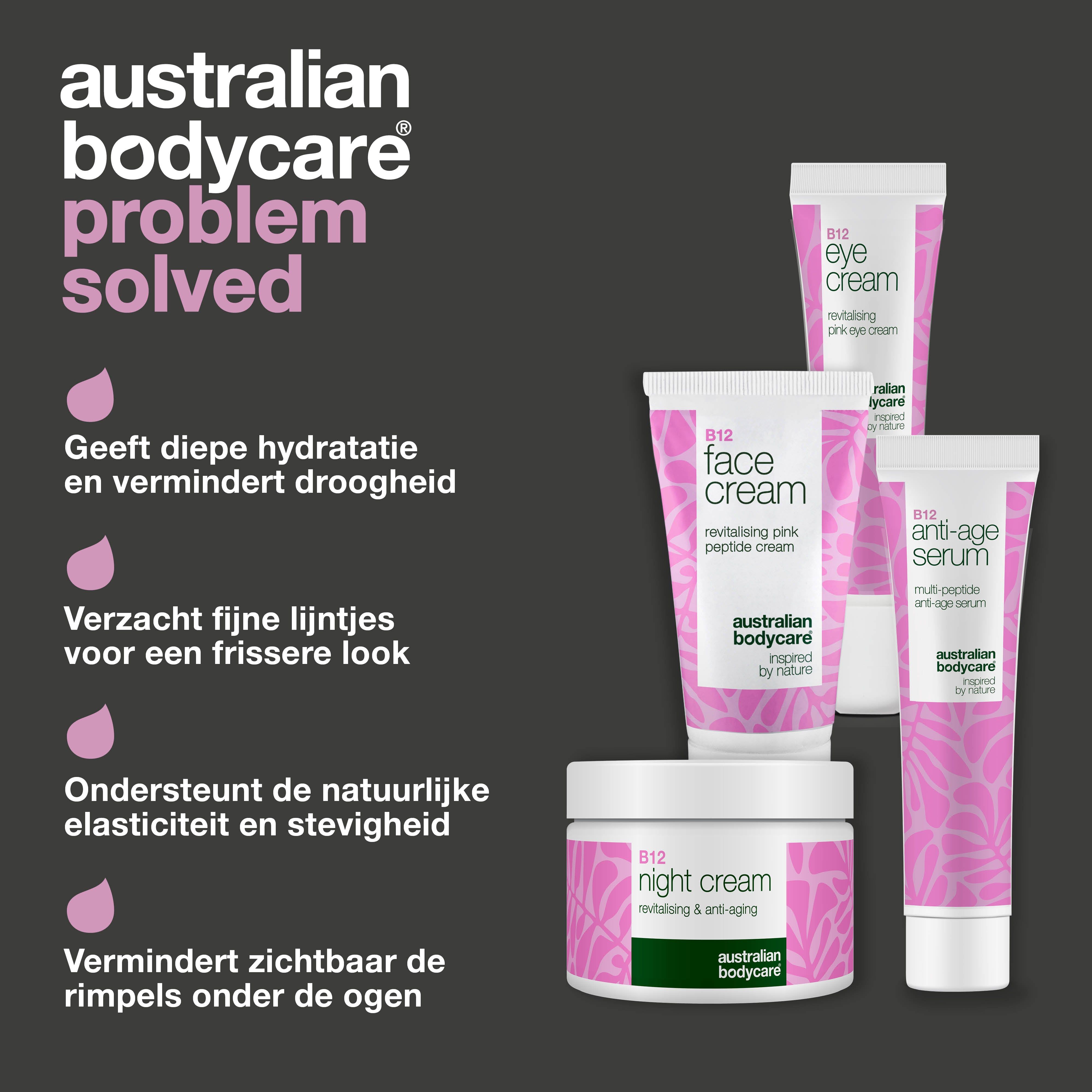 Producten: oogcrème, serum, gezichtscrème, nachtcrème. Tekst: Australian Bodycare probleem opgelost. Voordelen: hydratatie, elasticiteit, rimpels.