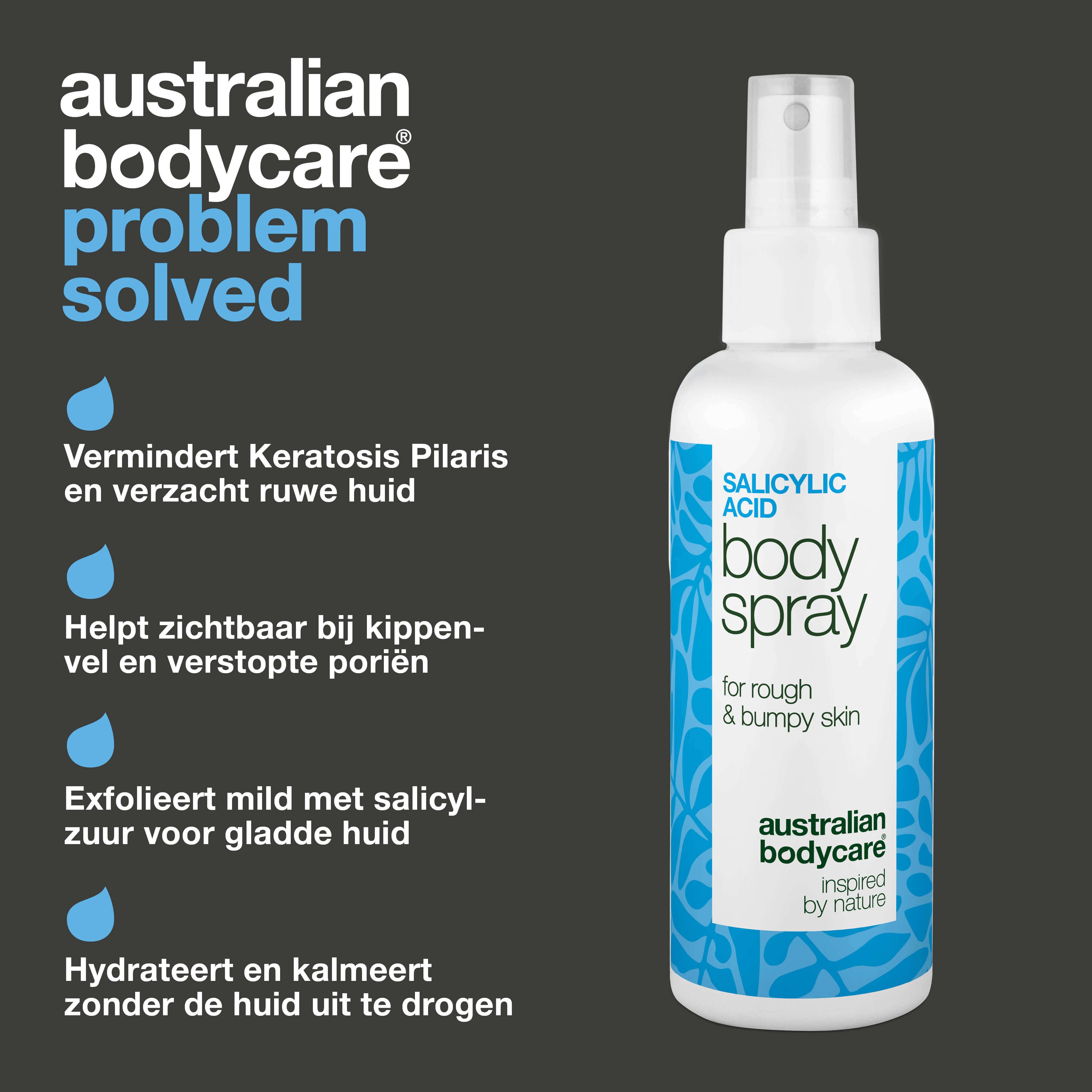 Product naast tekst: Vermindert keratosis pilaris, verzacht ruwe huid, helpt bij puistjes, exfolieert, hydrateert. Product: Body Spray.