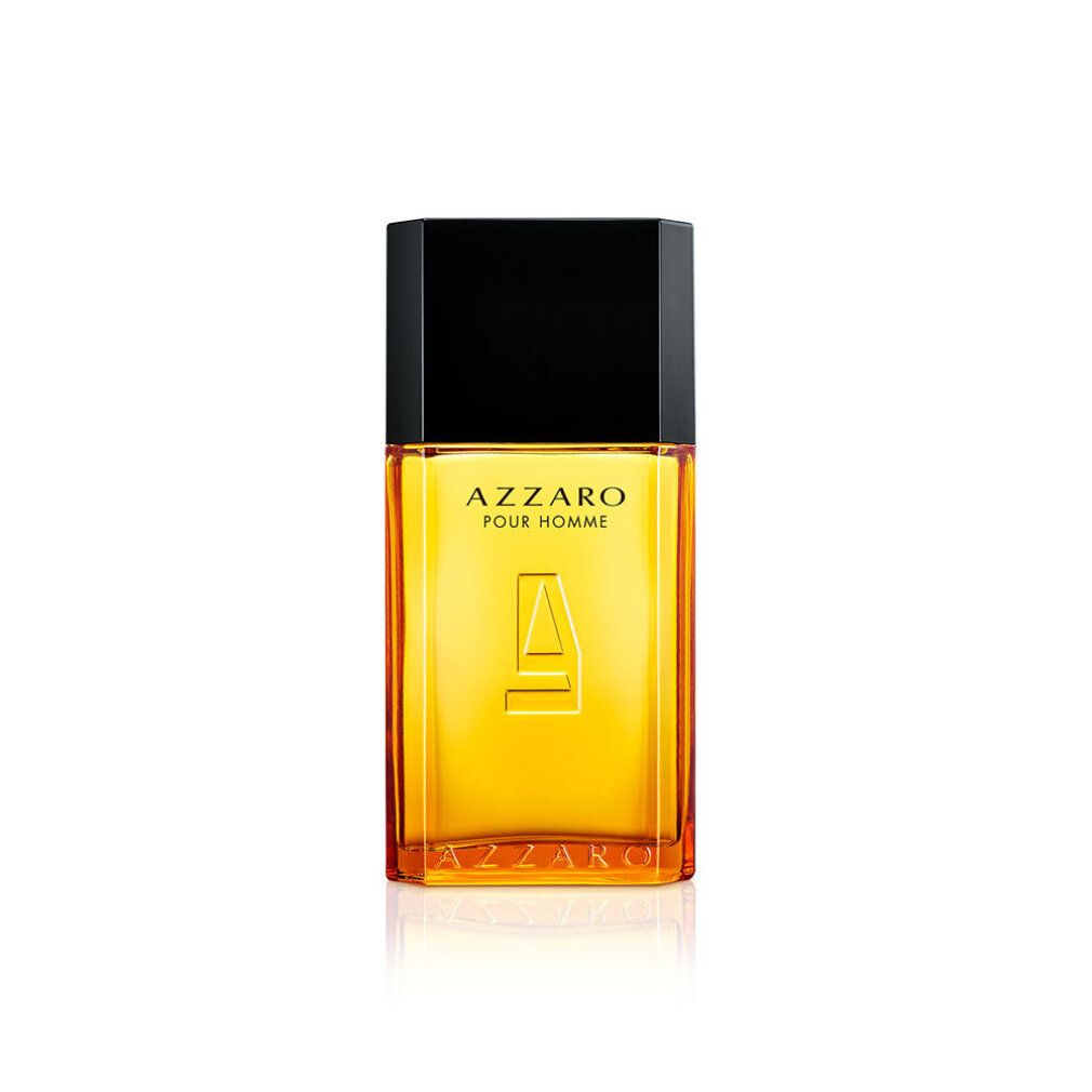 Flacon d'eau de toilette Azzaro Pour Homme avec bouchon noir et liquide doré.