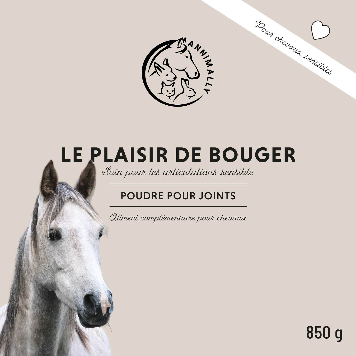 Emballage du produit. Inscription: Le plaisir de bouger. Poudre pour joints. 850 g. Logo. Tête de cheval.