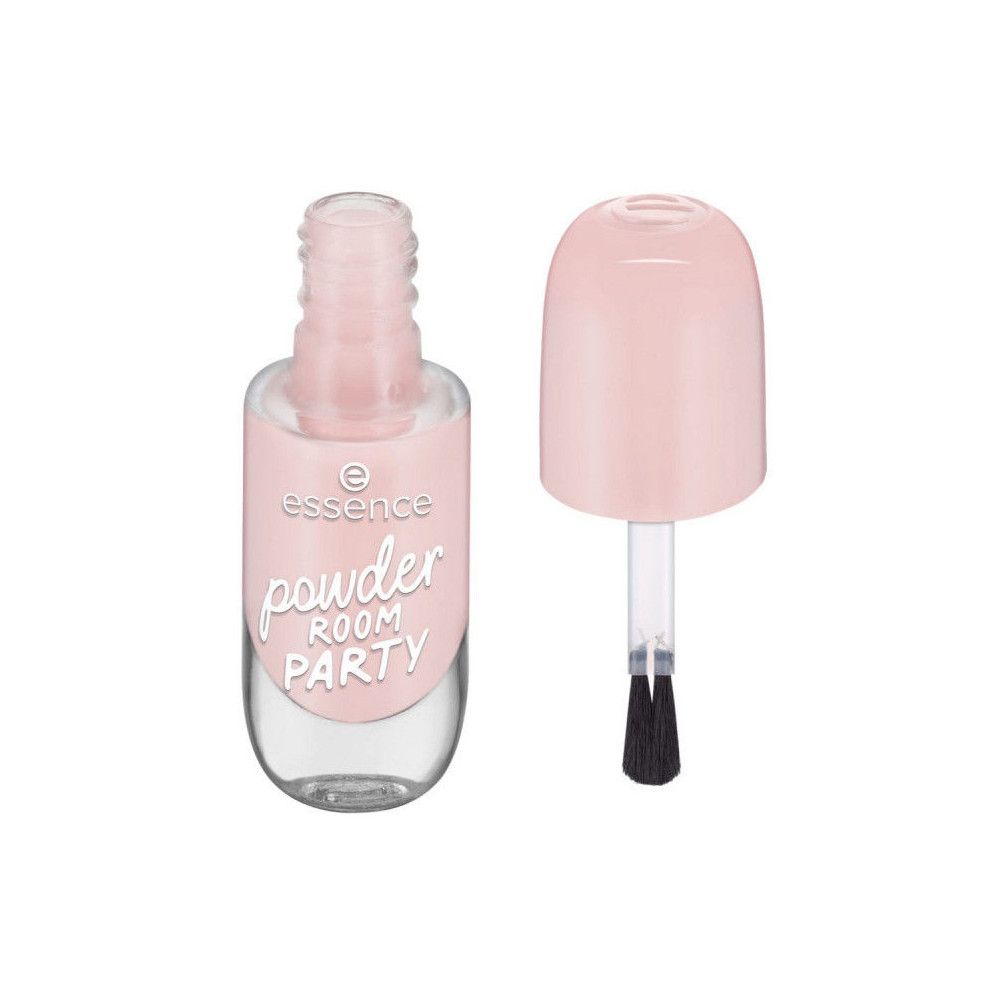 Flacon de vernis à ongles ouvert avec pinceau. Vernis à ongles rose, flacon transparent. Inscription : powder room PARTY, marque : essence.