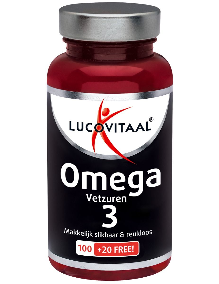 Rode fles Omega Vetzuren 3 capsules. Zwart etiket met witte tekst. Merk: Lucovitaal. 100+20 capsules.