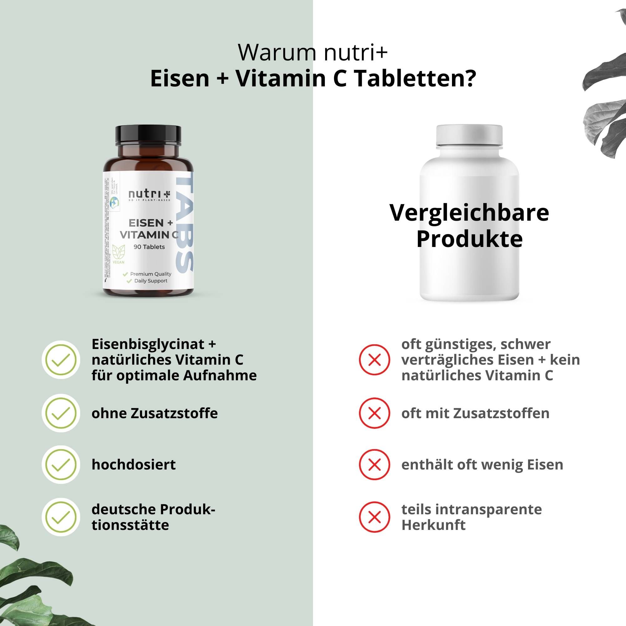 Vergelijking van nutri+ Eisen + Vitamine C tabletten met andere producten. Voordelen en nadelen.