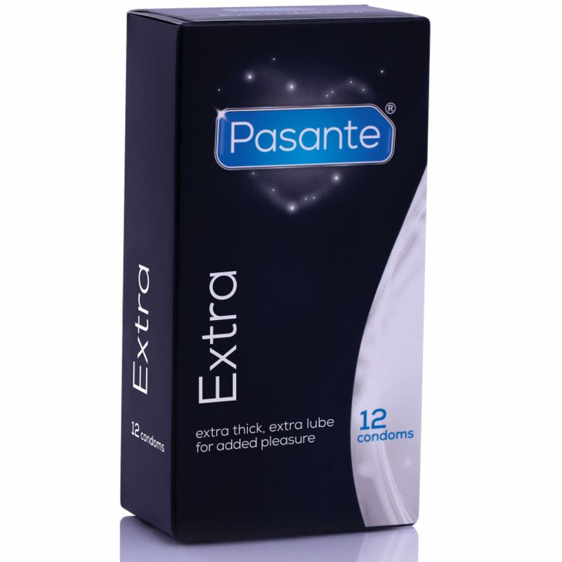 Boîte noire Pasante Extra, 12 préservatifs. Texte: extra épais, extra lubrifié.