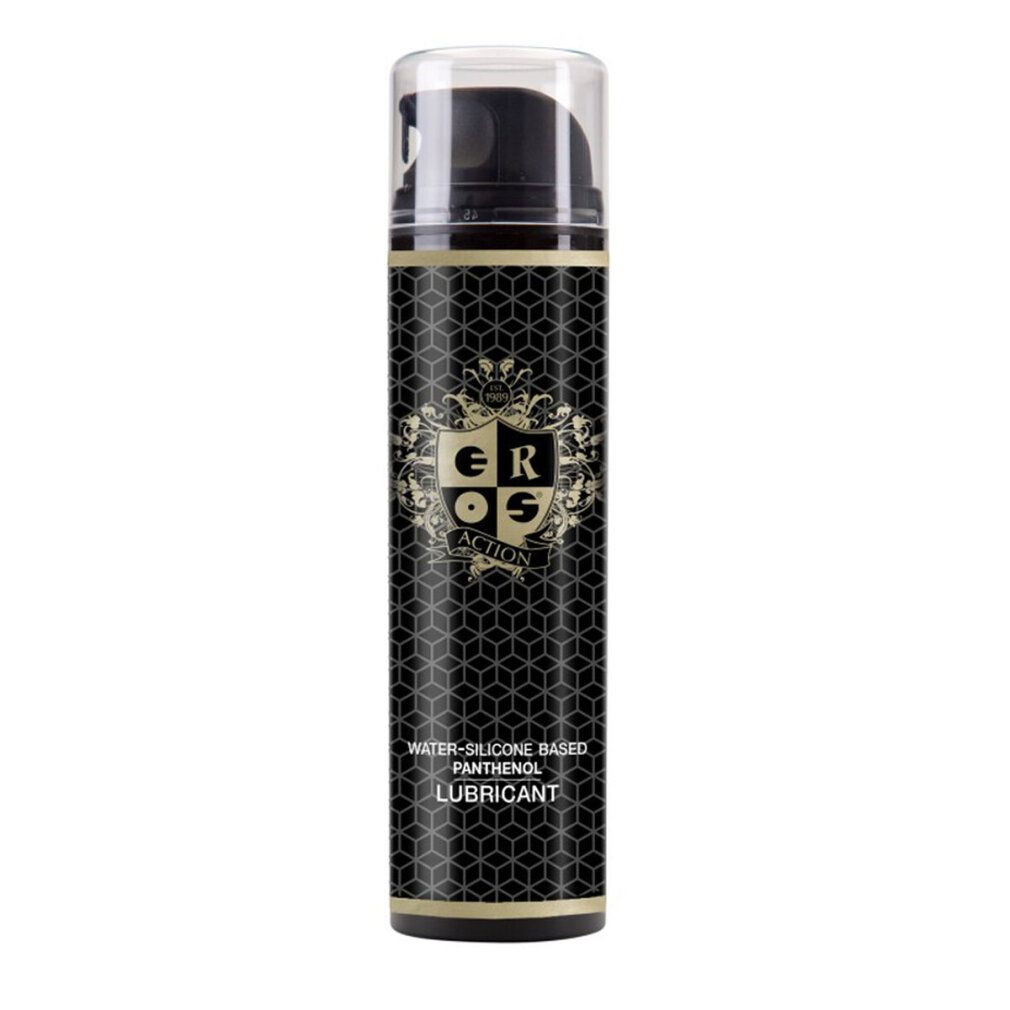 Flacon cylindrique noir avec bouchon. Texte: 'EROS ACTION'. Inscription: 'WATER-SILICONE BASED PANTENOL LUBRICANT'.