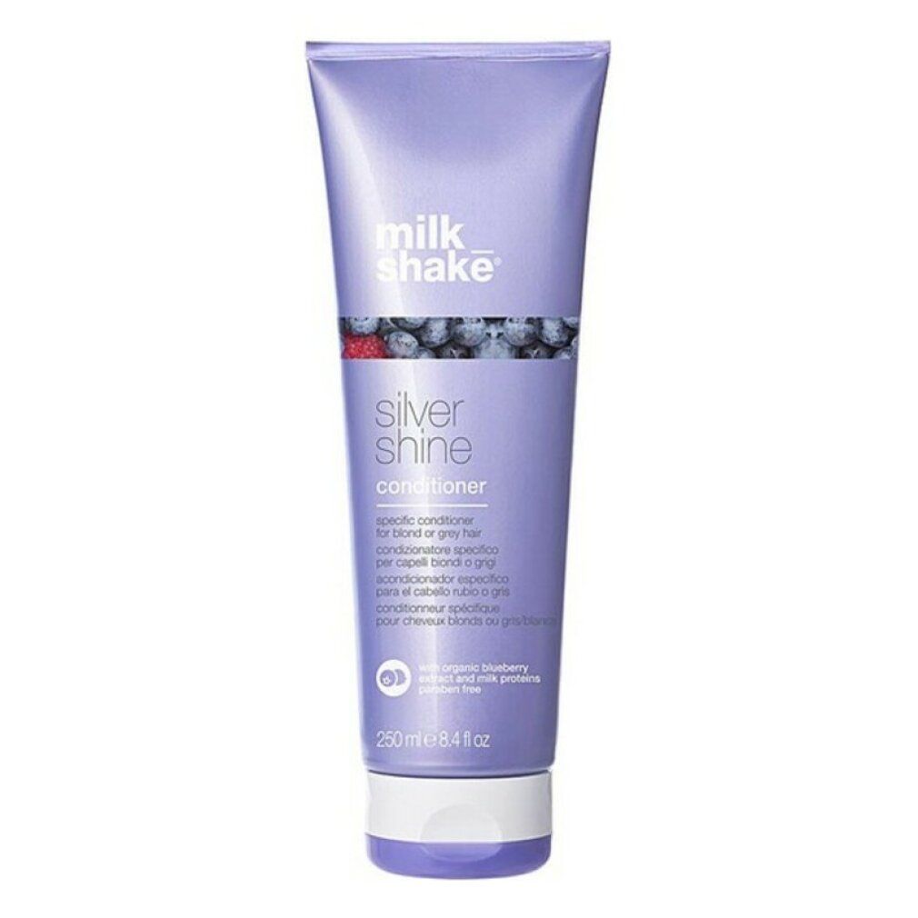 Milk Shake Silver Shine conditioner fles, 250 ml. Lila tube met witte en lila dop.