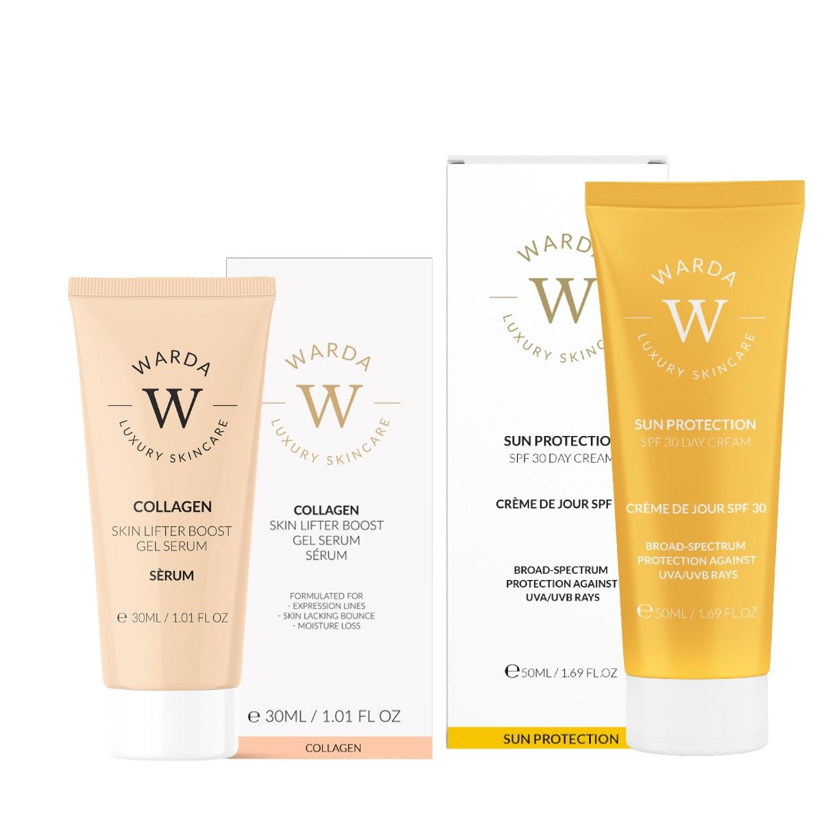 Warda Luxury Skincare producten: Collageen serum, dagcrème SPF 30. Tube, verpakking. Beige, geel. Tekst.