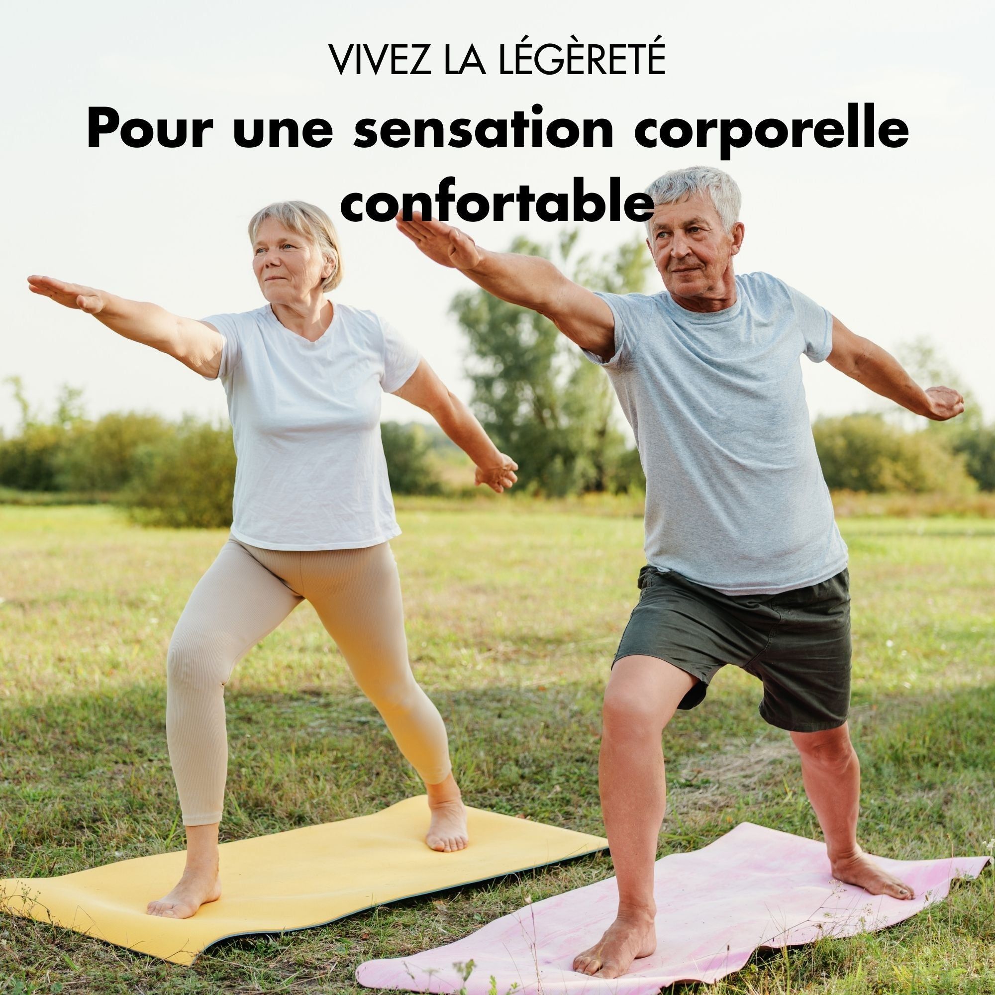 Couple en posture de yoga en extérieur, pour une sensation corporelle confortable.