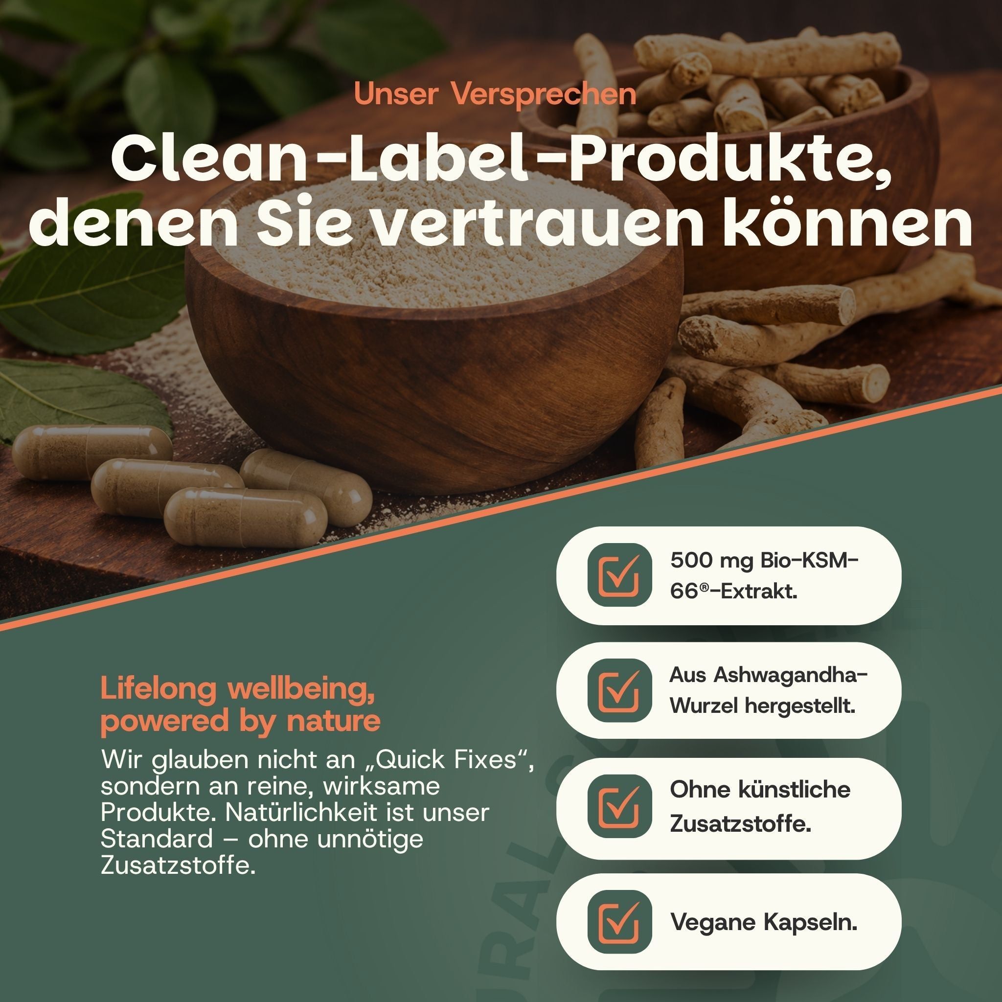 Ingrediëntenoverzicht: Biologische Ashwagandha-KSM-66 extract 500 mg, waarvan Withanoliden 25 mg. HPMC-capsule.