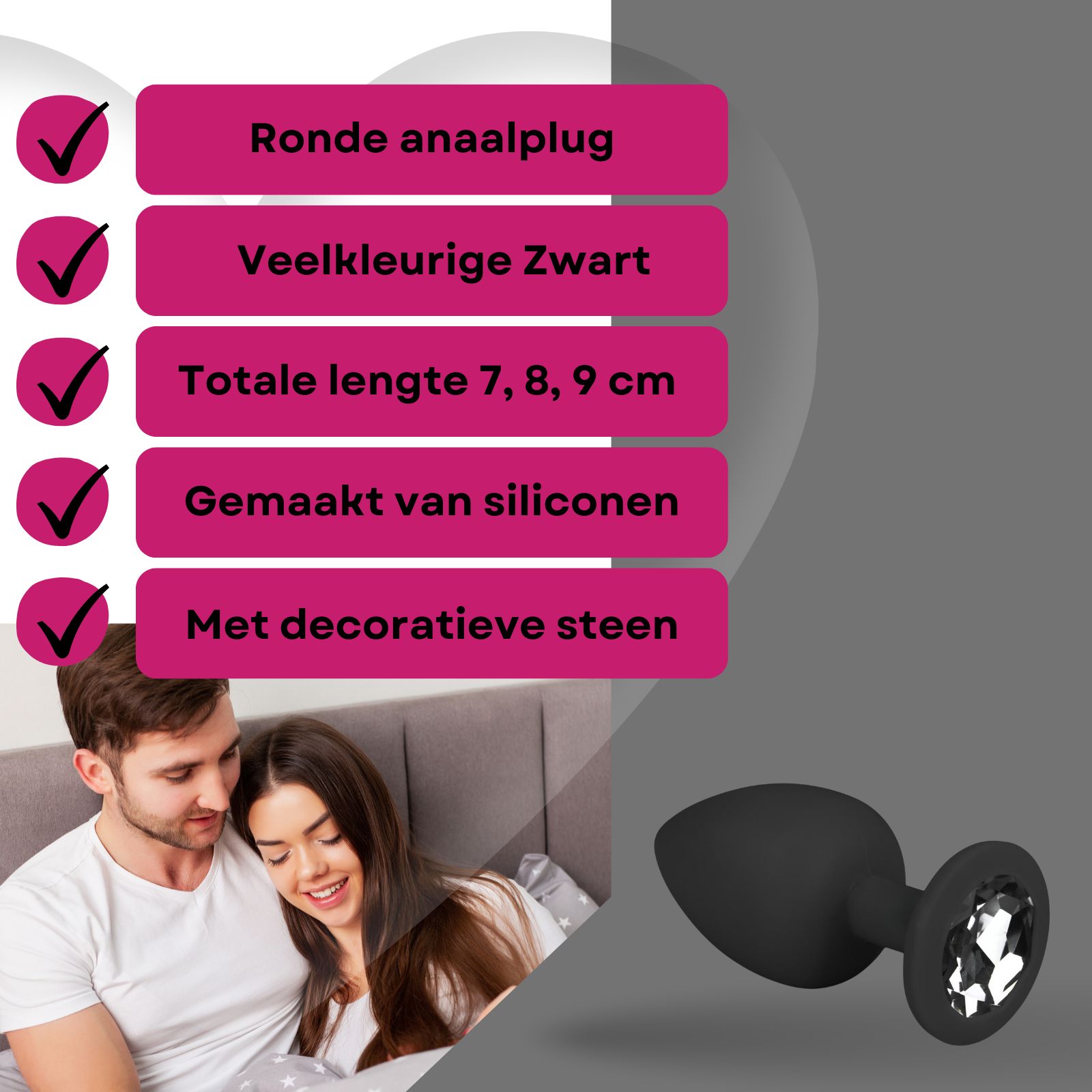 Easytoys - Zwarte siliconen anaalplug met decoratieve steen - SET