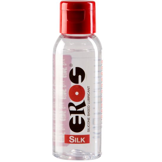 Flacon transparent avec bouchon rouge. Inscription "EROS SILK". Lubrifiant à base de silicone.