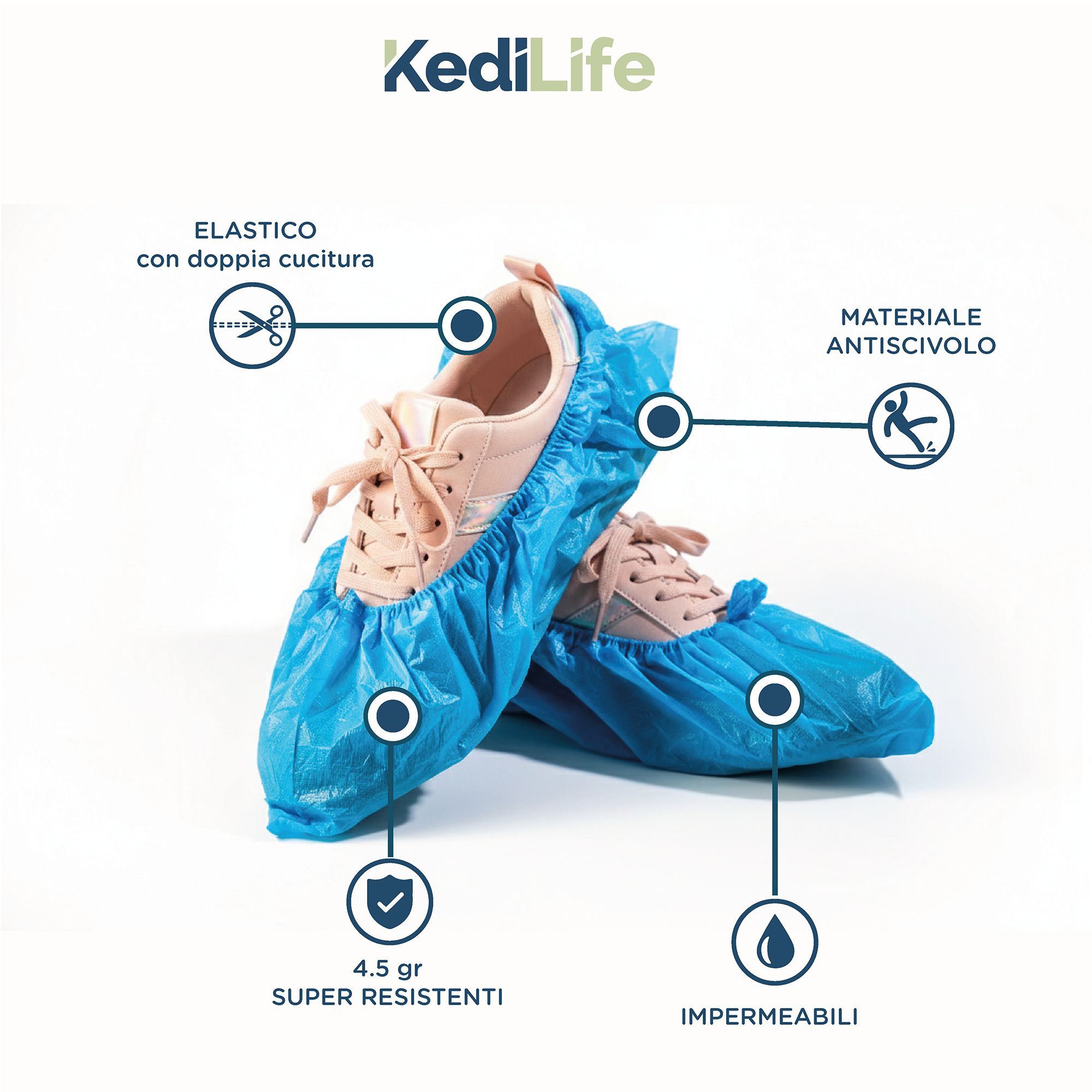 Blauwe overschoenen met tekst. Tekst: elastisch, dubbele naad, antislip, 4,5 g super resistent, waterdicht.