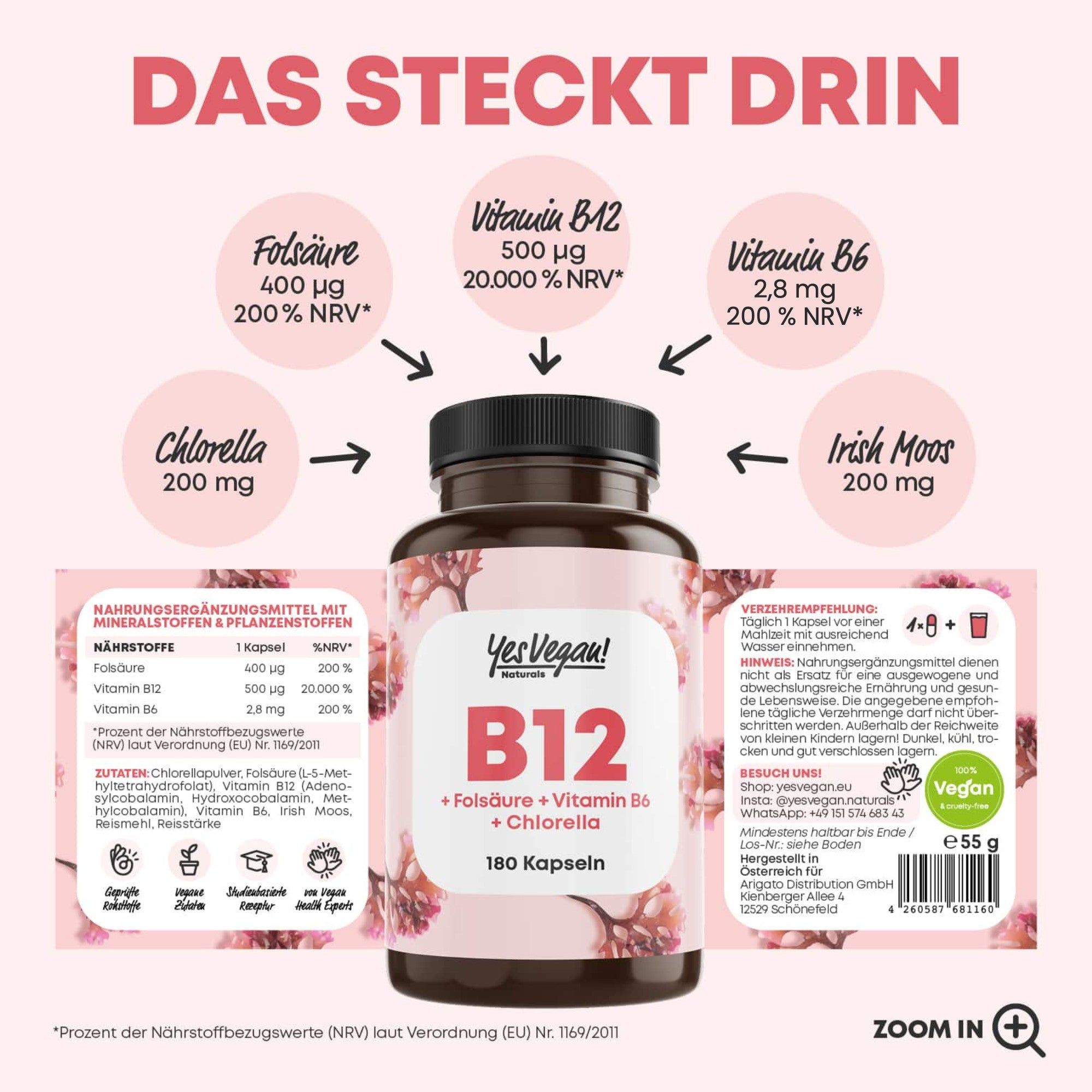 Twee flessen YesVegan! voedingssupplementen: Lions Mane en Vitamine B12 Complex.