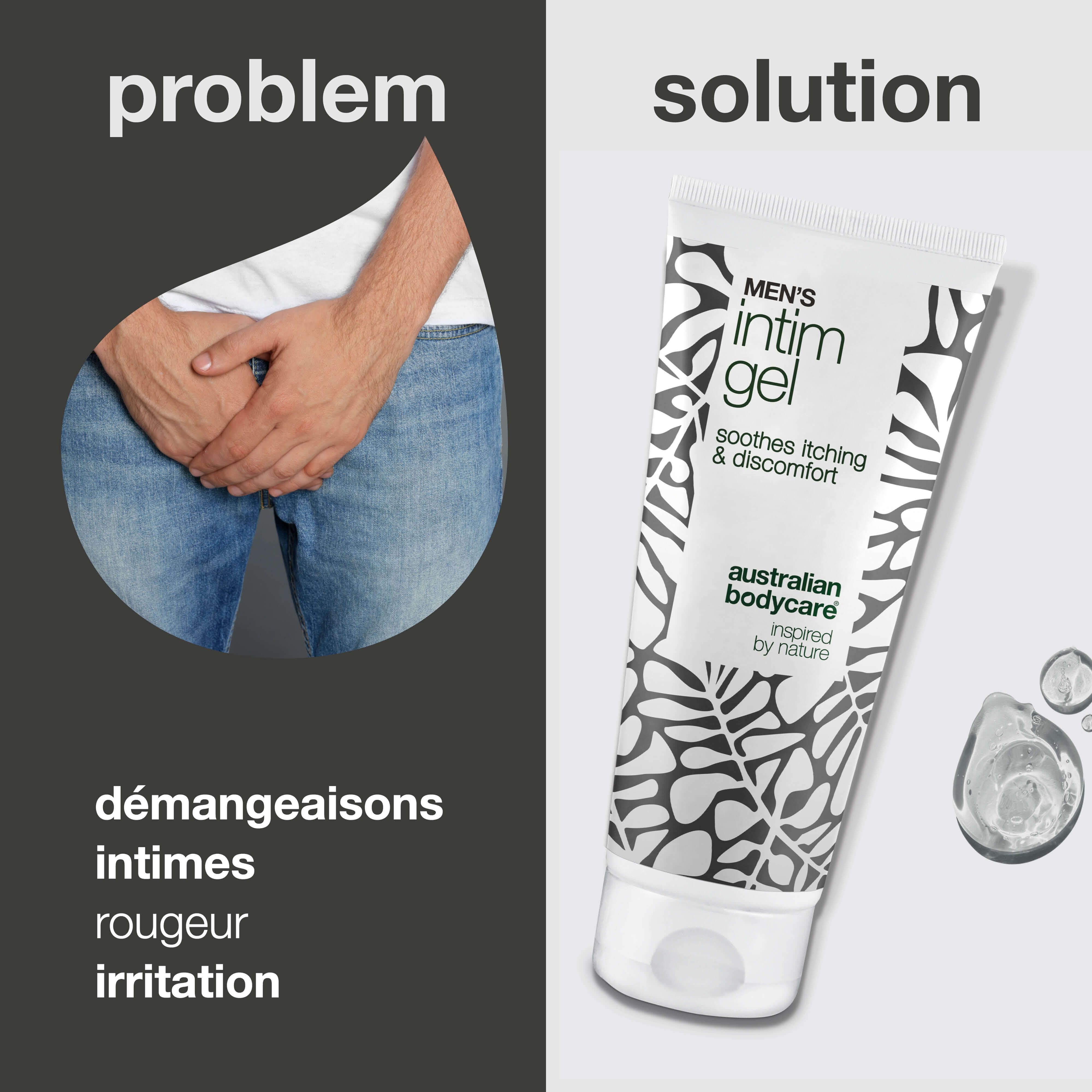 Image: Homme, mains sur les genoux. À droite: Tube de gel intime. Texte: Men's Intim Gel. Gouttes.