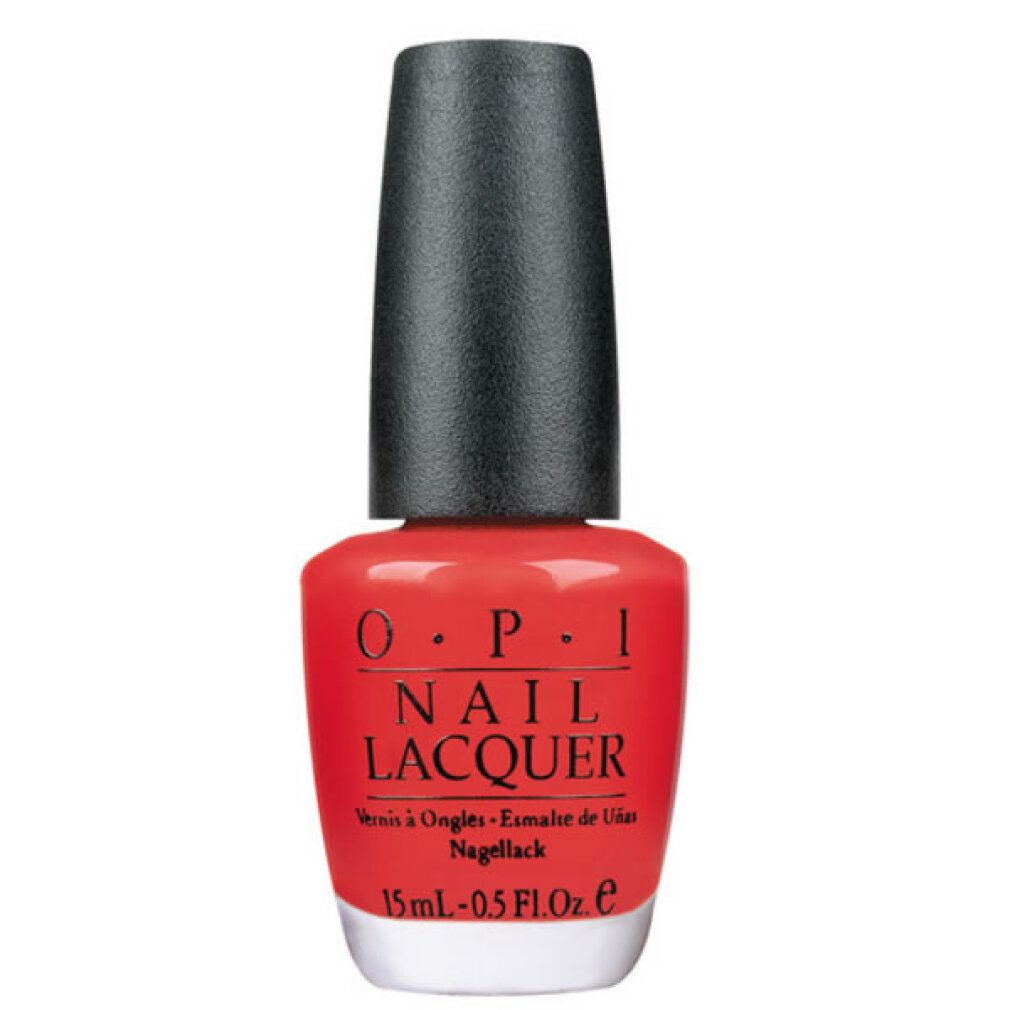 Flacon de vernis à ongles OPI rouge-orangé avec bouchon noir. Nom du produit et indication de volume sur le flacon.